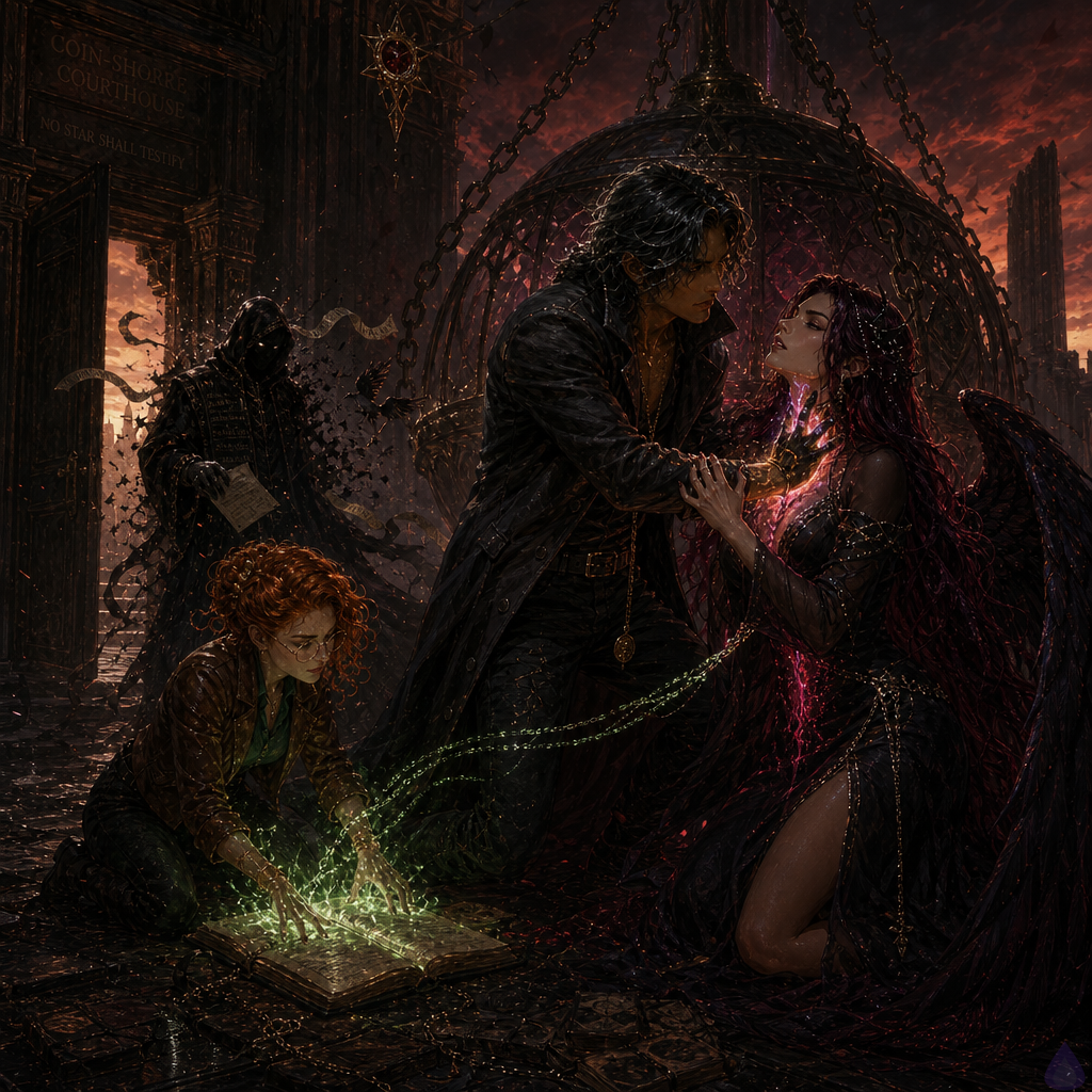 Dark fantasy scene on a surreal First Debt shore made of bone-pale coins under a starless red-black sky. BoyDIC, a lean late-20s man with warm sienna brown skin, molten amber-gold eyes, shoulder-length black hair with metallic silver streaks, charcoal coat, fingerless gloves, glowing gold sigil tattoos, and a branded palm, stands holding his hand against Lilith Noctara’s luminous red-violet throat breach. Lilith, a pale ivory dark goddess with waist-length crimson-black hair, violet eyes, black silk gown, obsidian choker, and dark feathered wings, braces his wrist with both hands as red-violet witness-light pours from her throat. Maribel Quill kneels nearby with copper curls, cracked brass glasses, emerald blouse, brown leather jacket, smoking ledger open in green fire, gray fingers recovering color. The Bursar of Ash, tall hooded faceless figure in black bureaucratic robes branded with burning white words, recoils as black-gold, red-violet, and green magical light surges through the cradle channel. Background includes an enormous iron cradle suspended by chains, a half-open ash-breathing courthouse door, floating parchment writs burning, and coins flipping into tiny door shapes. Mood intense, defiant, mystical, cinematic lighting, no nudity.