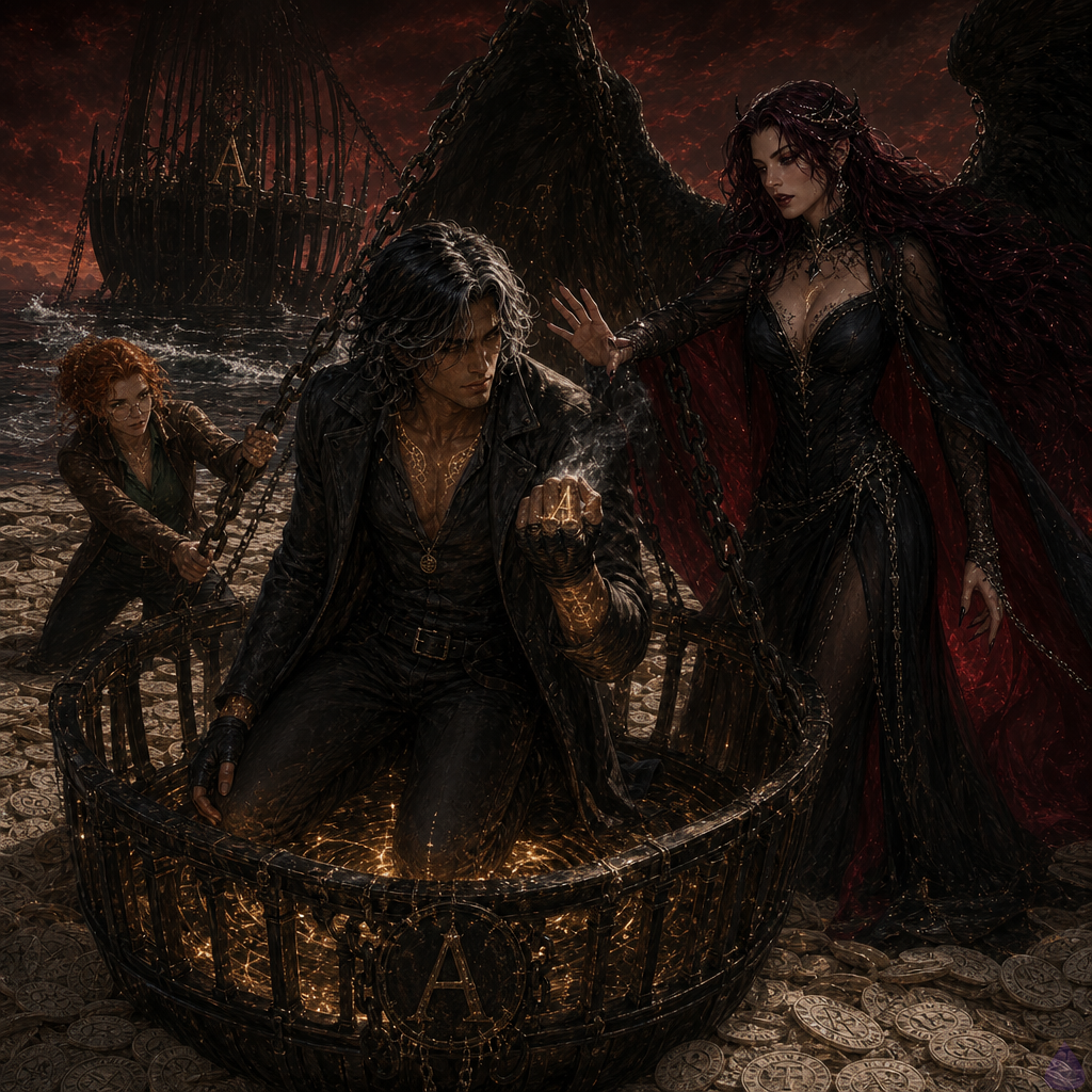Dark fantasy scene on a surreal shore made of bone-pale coins under a low red-black starless sky. BoyDIC, a lean sienna-skinned man in a long charcoal coat with shoulder-length black hair streaked metallic silver and molten amber-gold eyes, kneels inside an enormous iron cradle rising from black tidewater. His thin gold sigil tattoos glow along his collarbones and wrists, and his palm shows a smoking black-gold letter A brand. Lilith Noctara stands close beside the cradle in a floor-length black silk gown with red-lined cloak, luminous violet eyes, crimson-black waist-length hair with obsidian beads, dark feathered wings flared protectively, red cracked oath-script glowing around her throat. Maribel Quill braces herself against a massive cradle chain on the coin-shore, petite with copper auburn curls, freckled face, cracked brass-rimmed glasses, emerald blouse and brown leather jacket, holding a smoking ledger that glows green. The Bursar of Ash looms behind them, faceless beneath a black hood, ledger-white glow where eyes should be, black bureaucratic robes embroidered with silver account numbers, parchment writs orbiting like blades. Mood tense and mystical, lighting from gold sigils, green audit magic, red oath light, and cold white parchment fire. Show the cradle rocking slightly as warm light glows from within, while all characters react with fear, defiance, and urgent connection.