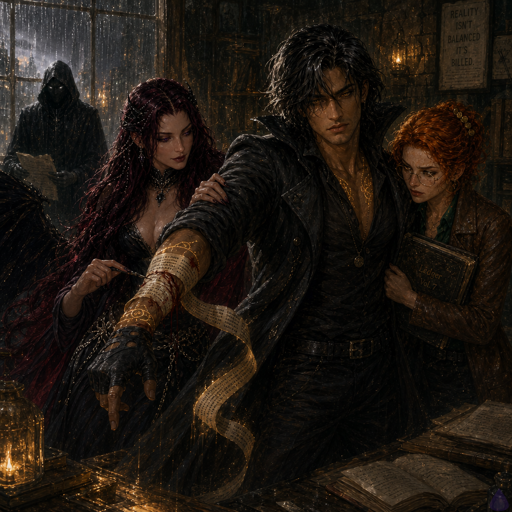 A dark fantasy urban apartment during a rainstorm, gray supernatural light draining color from the room. BoyDIC, a lean late-20s masculine figure with warm sienna brown skin, molten amber-gold eyes, shoulder-length black hair streaked metallic silver, a small scar through his left eyebrow, glowing gold sigil tattoos at wrists and collarbones, wearing a long charcoal coat, stands protectively in front of Maribel. A living paper contract ribbon is wrapped around his bleeding gloved wrist. Maribel Quill, petite early-30s woman with fair freckled skin, bright copper auburn chin-length curls pinned with brass clips, green-gray eyes behind cracked brass-rimmed glasses, emerald blouse and brown cropped leather jacket, clutches a damaged ledger behind him. Lilith Noctara stands close beside BoyDIC, pale ivory skin, luminous violet eyes, waist-length crimson-black sleek hair with obsidian beads, black silk gown with high collar, obsidian choker, shadow-wings half-unfurled, one elegant black-lacquered nail touching the cursed paper. On the wall, an enormous haunted contract glows with the words FIRST DEBT ORIGIN, SEALED UNDER MATERNAL NIGHT, CO-SIGNER REDACTED. The Bursar of Ash looms from the contract, faceless under a high black hood, ledger-white glow where eyes should be, black bureaucratic robes with silver account numbers, parchment strips orbiting like blades. Mood tense, magical, intimate danger, cinematic rain reflections, high contrast gold and violet light against ashen gray.