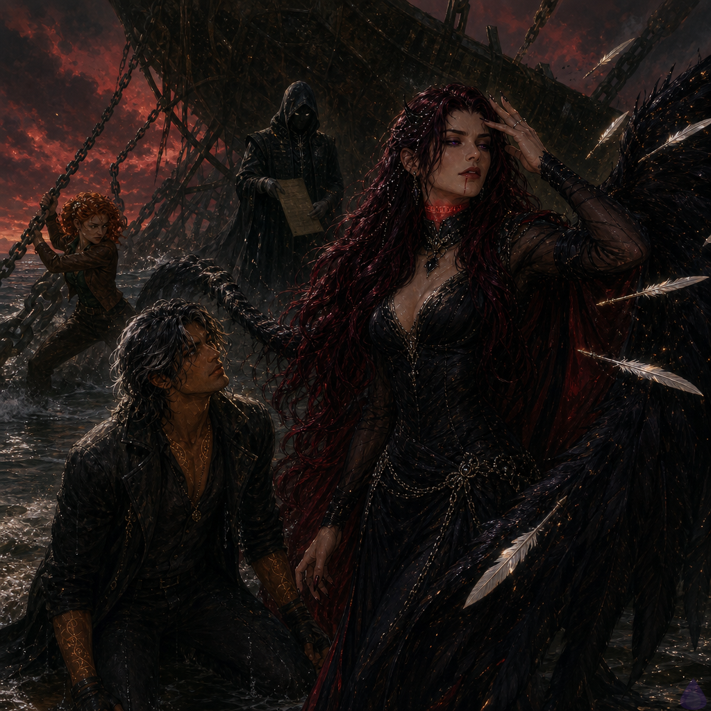 Dark fantasy scene on a surreal shore made of bone-pale coins under a low red-black starless sky. BoyDIC, a lean sienna-skinned man in a long charcoal coat with shoulder-length black hair streaked metallic silver, molten amber-gold eyes, glowing gold sigil tattoos at wrists and collarbones, kneels in black tidewater before a colossal iron and salt-rock cradle hanging from chains. Lilith Noctara stands close before him in a floor-length black silk gown with sheer sleeves, silver waist chain, obsidian choker, crimson-black waist-length hair with obsidian beads, luminous violet eyes, dark feathered shadow-wings spread protectively; a red glowing oath-script collar tightens around her throat, and her expression is pained but defiant. Maribel Quill, petite with copper auburn curls, cracked brass-rimmed glasses, emerald blouse, leather jacket, and freckles, braces against a huge cradle chain with a damaged smoking ledger wedged between links, green audit magic glowing from her burned palm. The Bursar of Ash looms above the cracked wax seal, faceless beneath a black hood, ledger-white eye glow, black bureaucratic robes, parchment blades orbiting like knives. Mood tense, magical, intimate betrayal and cosmic legal horror, dramatic rim lighting from green ledger light, gold sigils, red oath glow, and milk-white quill flames.