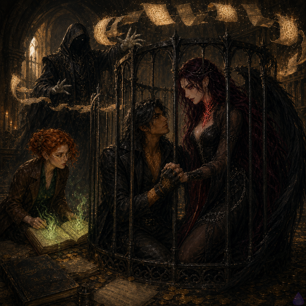 Dark fantasy scene on a surreal black shoreline made of thousands of bone-pale coins under a starless red-black sky. BoyDIC, a lean sienna-brown skinned man in a long charcoal coat with shoulder-length black hair streaked metallic silver, molten amber eyes, glowing gold sigil tattoos, and a burned A brand on his palm, stands inside a massive iron cradle holding Lilith Noctara's hand. Lilith is a pale ivory dark goddess with waist-length crimson-black hair, violet eyes, black silk gown, obsidian choker, shadow-wings folded around them, and a cracked red oath-script glowing around her throat like broken lightning. Maribel Quill kneels on the coin shore nearby, petite with copper curls, cracked brass glasses, emerald blouse, leather jacket, gray fingers, and a smoking ledger open in green fire. The Bursar of Ash looms behind them in black bureaucratic robes, faceless hood glowing ledger-white, parchment writs orbiting like blades. Mood tense and mystical, dramatic red and green lighting, black tide frozen mid-surge, expressions fearful but defiant.