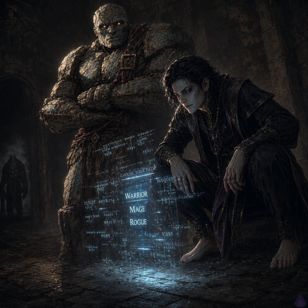 A dim stone dungeon chamber lit by a translucent hovering character creation screen, with an amnesiac protagonist in bare feet staring closely at half-formed class options that flicker at the edges of the menu. Brick, a broad stone golem with a cracked jaw, stands beside the protagonist in a wary protective posture, his rocky arms half-folded and his expression tense. The corridor behind them opens into darkness with a faint ominous shape just beyond the threshold. Cold blue-white menu light contrasts with deep shadow, damp stone walls, and a sense of pressure and looming danger. Cinematic fantasy atmosphere, high detail, suspenseful body language, uneasy trust, medium shot, dramatic lighting.