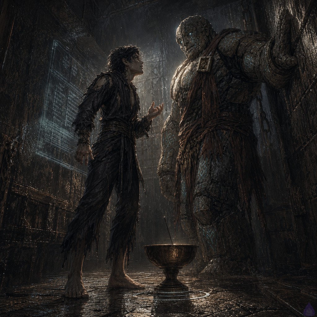 A tense fantasy dungeon alcove lit by a faint cold glow from a translucent system screen and a bronze basin with a black metal needle humming in its center. Bare-footed amnesiac protagonist stands close to Brick, a broad stone golem with a cracked jaw and heavy arms, in a narrow wet corridor of sweating stone and rust. Brick looks conflicted and guarded, one hand braced against the wall, while the protagonist demands the truth. The mood is intimate and suspenseful, with sharp shadows, damp textures, and a feeling of hidden secrets. The basin’s pale light reflects on rough stone, mold, rust, and the protagonist’s tense posture. The Warden is unseen, implied only through oppressive presence and system glow.