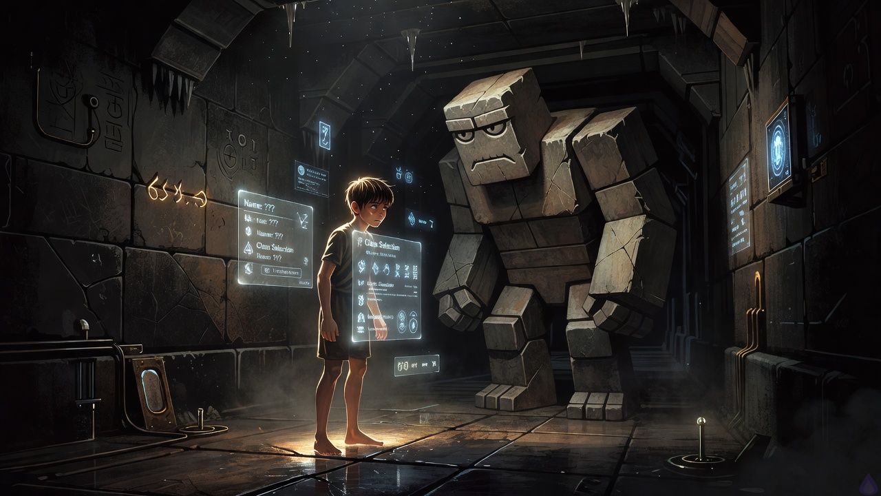 A tense fantasy dungeon tutorial chamber lit by cold blue-white System glow. A young amnesiac protagonist stands barefoot on wet black stone, tense and frightened, facing a translucent character creation screen floating in the air. Beside them stands Brick, a massive sarcastic stone golem with a broad blocky frame and rough carved features, turned slightly toward the dark corridor beyond. The corridor vanishes into shadow behind him. The atmosphere is bleak, claustrophobic, and suspenseful, with faint dripping water, subtle mist near the floor, and eerie magical UI panels hovering in front of the protagonist. Show expressive body language: the protagonist frozen between fear and resolve, Brick protective but unimpressed. Cinematic lighting, high detail, dark fantasy mood, no gore, no nudity.