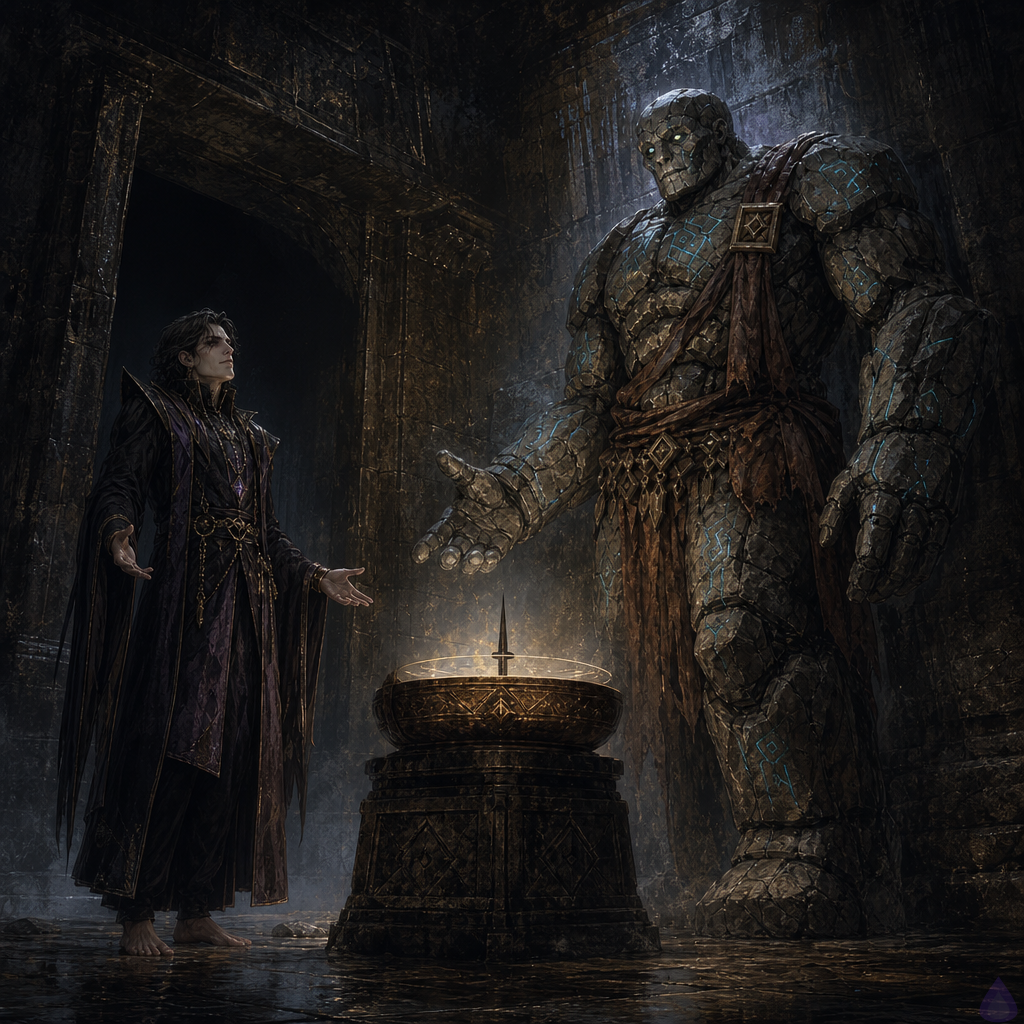 A tense fantasy dungeon alcove lit by a pale magical glow from a bronze basin with a black metal needle standing upright in the center, damp stone walls, rust and mold, cold blue-gray lighting. The protagonist stands in bare feet with shoulders lowered in a careful bargaining posture, facing Brick, a broad cracked stone golem with massive arms and a guarded expression. Brick stands protectively between the protagonist and a dark corridor, while an unseen ominous presence is implied by faint glowing system text in the air. The mood is uneasy, intimate in the sense of trust being negotiated, with suspense and danger. Wet stone floor, subtle mist, sharp shadows, and a sense that the room is listening.