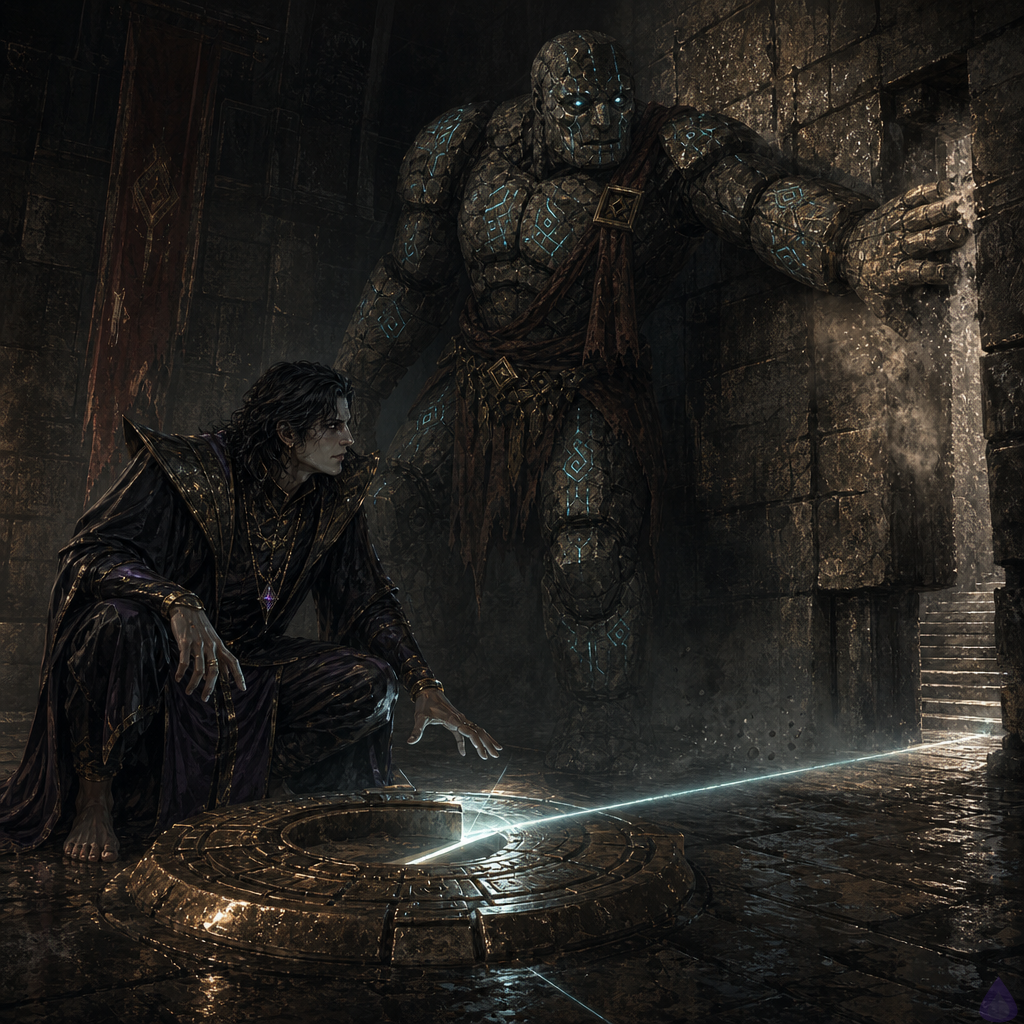 A tense fantasy dungeon alcove lit by cold pale system-glow and faint bronze reflections. A protagonist with bare feet crouches close to an open bronze basin mechanism embedded in wet stone, studying a narrow slit that emits pale light and reveals hidden stone plates and a sealed seam in the wall. Brick, a broad scarred stone golem, stands nearby with one hand pressed to a soot-marked wall, his posture wary but protective. The atmosphere is damp, rusted, and secretive, with an eerie magical-tech feel. Subtle lines of light map a hidden passage deeper into the dungeon. Mood is revelation, quiet danger, and hard-won trust. Cinematic composition, high detail, cool shadows, strong contrast, no explicit nudity.