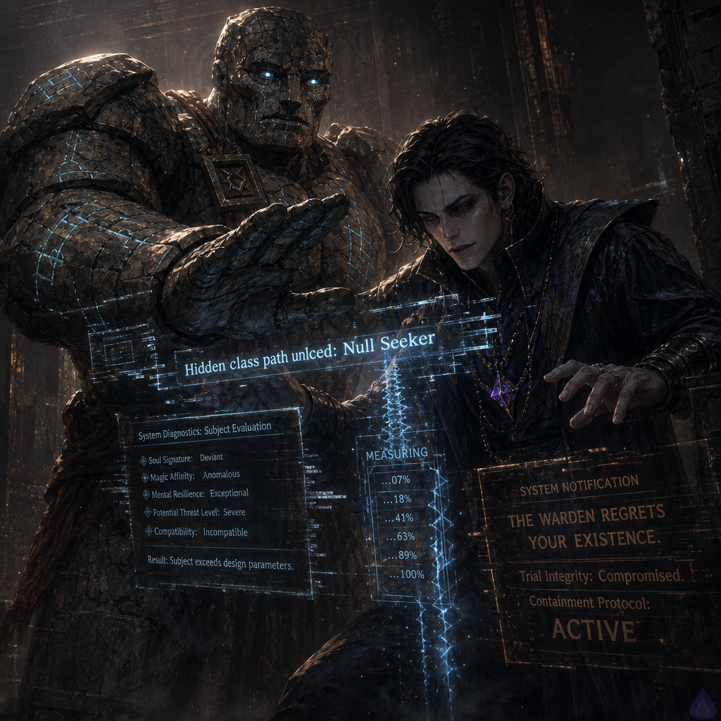 A cold stone dungeon tutorial chamber lit by a translucent floating class menu and glitching hidden UI panes. The protagonist stands barefoot on damp stone, tense and focused, while Brick, a broad stone golem with a cracked jaw, raises one arm protectively in front of them. The screen shows fractured, flickering fantasy interface text with a newly revealed hidden class path, creating a pale blue-white glow on their faces. The mood is eerie, suspenseful, and intimate with high tension. Dark corridor behind Brick, wet stone walls, subtle mist, and a sense that unseen eyes are watching from the darkness. Emphasize body language: the protagonist leaning into forbidden hidden text, Brick worried and protective, the Warden’s presence implied through the hostile UI glow.