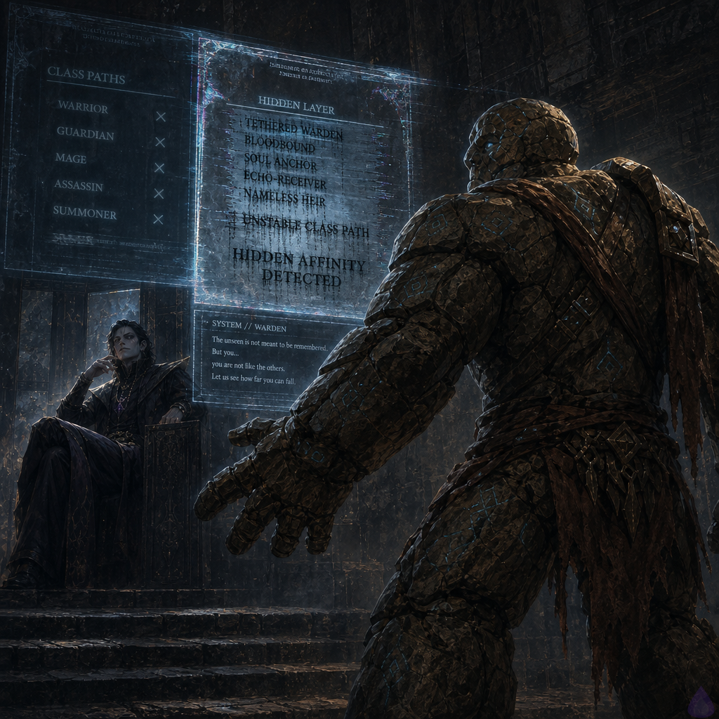 A tense fantasy dungeon tutorial chamber with cold wet stone, dim bluish glow from a translucent character menu floating in front of an amnesiac protagonist. Brick, a broad stone golem with cracked stone features, stands protectively between the protagonist and a dark corridor. The hidden class layer on the screen flickers with unstable black text and static, while a sinister unseen presence feels implied in the atmosphere. Moody lighting, high contrast, suspenseful body language, magical UI glow reflecting on stone surfaces, anxious and dangerous atmosphere, cinematic framing.
