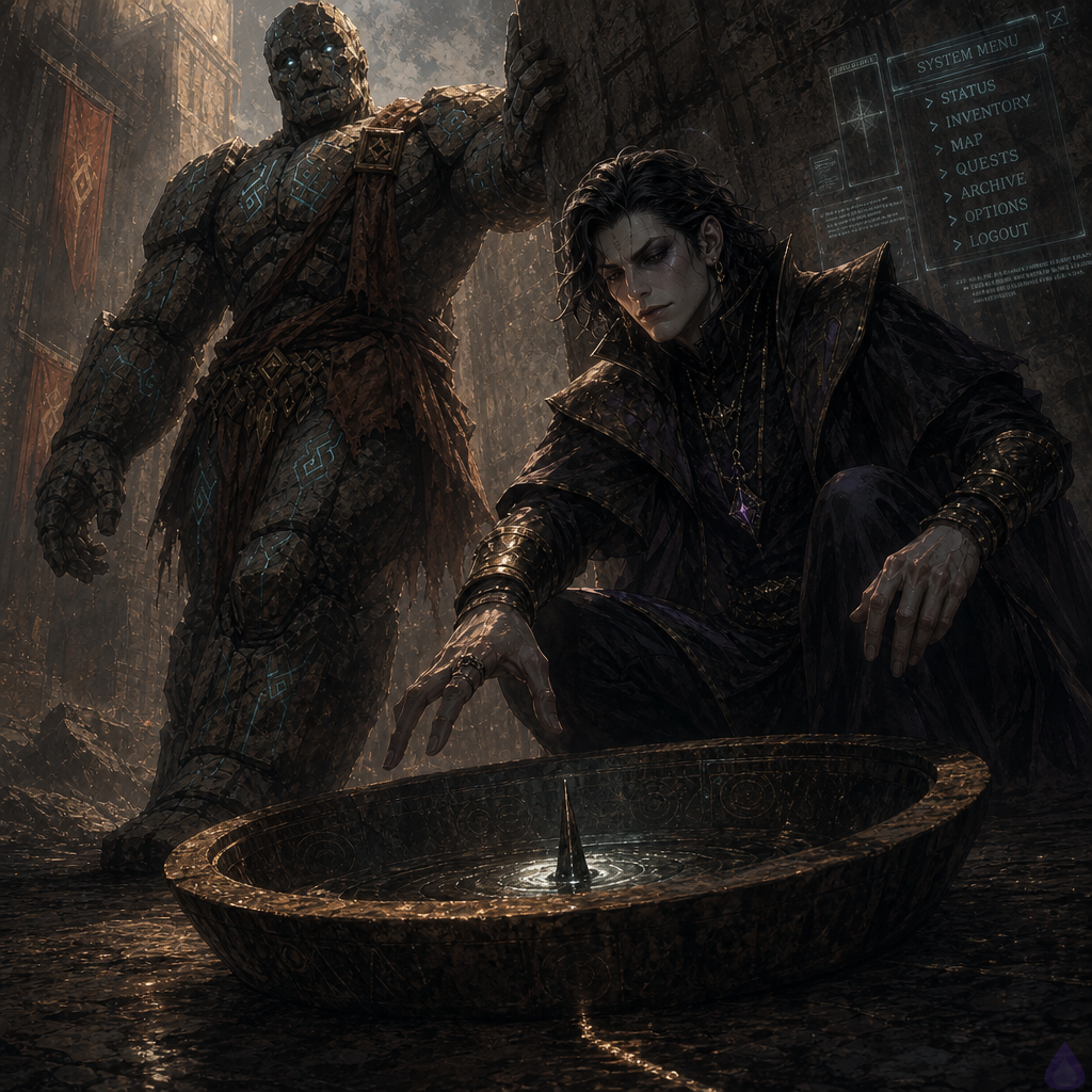 A dim subterranean dungeon alcove with wet stone walls, a rusted bronze basin half-buried in dust, and a black metal needle standing upright in the basin’s center. The protagonist crouches close, focused and wary, bare feet on cold stone, amnesiac and tense. Brick, a broad stone golem with a cracked jaw, stands just behind and to the side, protective but guarded. The atmosphere is quiet and charged, with pale eerie light reflecting off damp stone and the basin’s etched spiral markings. The mood is investigative, suspenseful, and intimate with tension. Include subtle translucent system-menu glow in the air and an ominous unseen presence implied by the lighting. Dark fantasy style, detailed textures, no gore, no nudity.