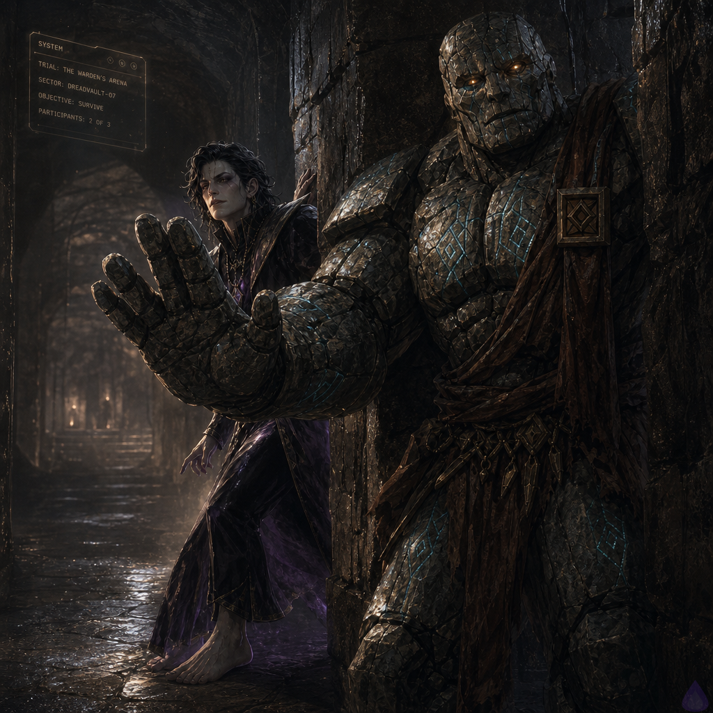 A tense fantasy dungeon corridor lit by a faint translucent system menu glow. The protagonist, an amnesiac barefoot figure in simple worn clothes, stands beside Brick, a broad stone golem with a cracked jaw and weathered blocky body, both facing a wider dark chamber ahead. The air feels cold and damp, with wet stone walls, narrow passage, and subtle mist. Brick is protective and alert, half turned to shield the protagonist. The protagonist looks newly resolved and wary, with a faint lingering glow of hidden-path power around them. Mood is suspenseful, ominous, and charged with progression. Strong contrast between pale menu light and deep shadows, cinematic composition, fantasy dungeon atmosphere, no gore, no nudity.