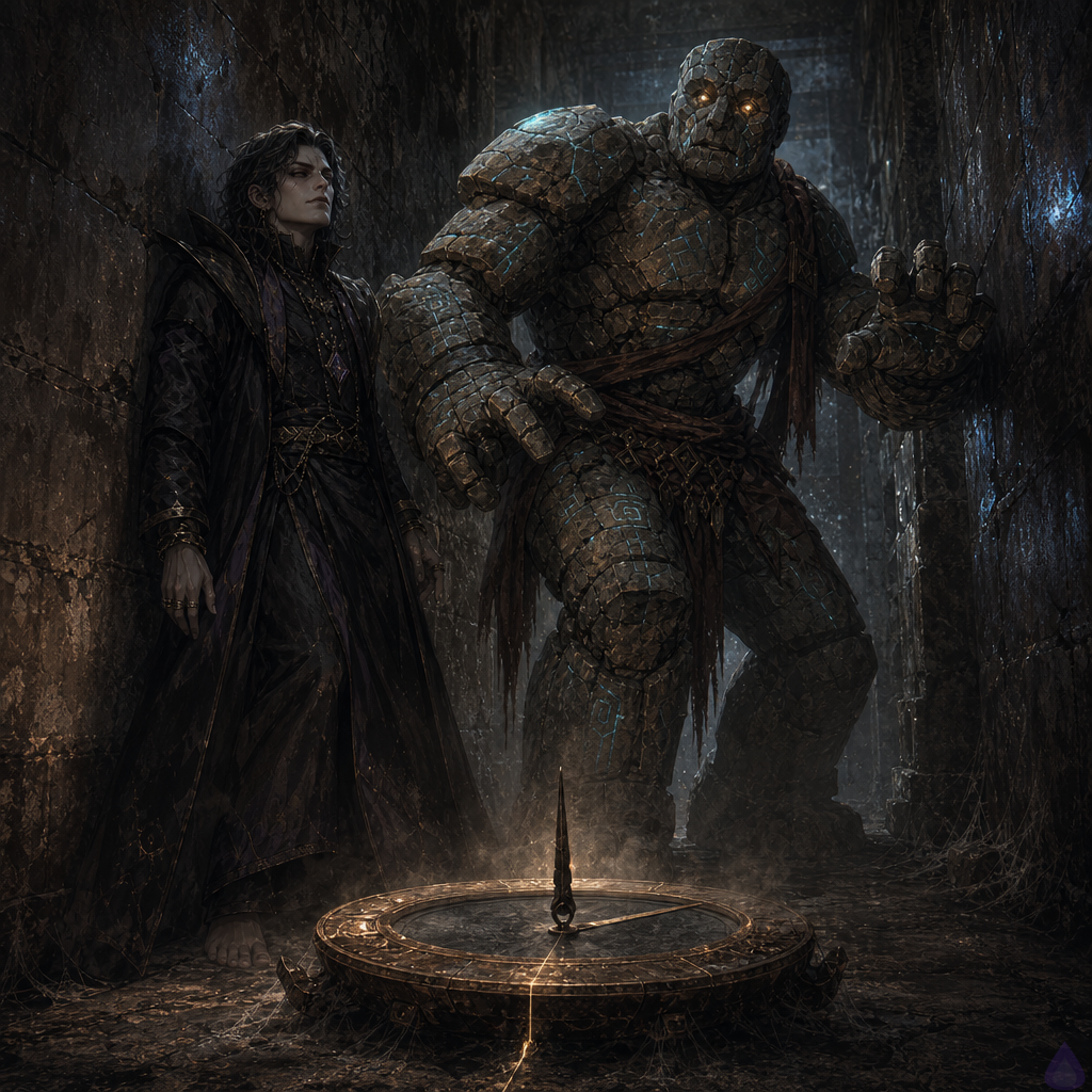 A tense fantasy dungeon alcove lit by faint cold blue system glow, with the protagonist standing barefoot in a narrow damp stone passage beside Brick, a broad cracked stone golem with a guarded stance. In the center of a hidden service recess sits a rusted bronze basin half-buried in dust and cobwebs, with a thin black metal needle standing upright and humming. Pale light threads from the basin into a seam in the floor. The Warden is unseen, but his presence feels ominous in the atmosphere. Moody shadows, wet stone walls, claustrophobic space, anxious body language, mysterious signal-driven discovery, high detail, cinematic lighting.
