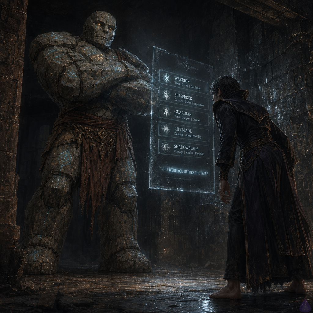 A tense fantasy dungeon tutorial chamber lit by a translucent glowing class menu hovering in front of an amnesiac protagonist with bare feet on cold wet stone. Brick, a broad stone golem with a cracked jaw, stands close and guarded, arms folded, speaking seriously to the protagonist. The corridor behind him is dark and ominous, with faint moisture on the walls and a sense of unseen attention. Mood is suspenseful and intimate, with cold blue-white screen light illuminating dust, damp stone, and Brick’s rugged face. The protagonist’s body language is wary and focused, leaning toward Brick and the menu, while Brick looks protective but withholding. No blood, no gore, no nudity.