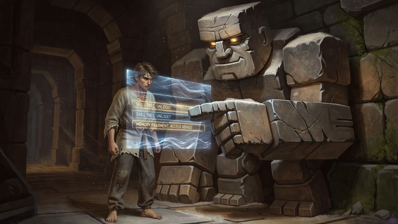 A tense fantasy dungeon tutorial chamber lit by a translucent glowing character creation screen hovering in front of an amnesiac protagonist. The protagonist stands barefoot on cold, damp stone in simple worn clothes, facing Brick, a broad stone golem with a cracked jaw and heavy carved features. Brick gestures toward the floating class menu with one massive hand while leaning beside a rough dungeon wall. The mood is suspenseful and intimate, with dim blue-white menu light illuminating dust, moisture on the stones, and the characters’ focused body language. The corridor behind Brick fades into darkness, suggesting danger waiting just out of sight. The protagonist looks wary and determined, Brick looks sardonic but protective. Cinematic fantasy lighting, realistic textures, quiet tension, no gore.