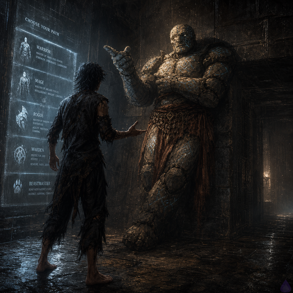 A dim underground dungeon tutorial chamber with wet stone walls and a cold, bluish glow from a translucent character creation screen floating in front of an amnesiac protagonist. The protagonist stands barefoot in simple torn clothing, tense and wary, facing Brick, a broad stone golem with a cracked jaw and massive arms folded across his chest. Brick’s posture is protective but sarcastic, leaning near the wall. The atmosphere is claustrophobic and suspenseful, with damp floor reflections, shadows stretching into a dark corridor behind him, and the menu light casting pale stripes across both figures. The protagonist’s expression shows fear mixed with determination. Brick looks dryly amused but alert, as if withholding important secrets. No combat yet, just a charged quiet moment before a dangerous choice.
