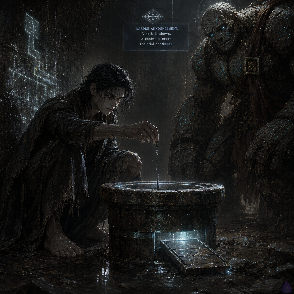 A damp underground dungeon alcove lit by pale blue-white system glow, with a corroded bronze basin set into the floor and a black metal needle standing in its center. The protagonist, a barefoot amnesiac, crouches carefully beside the basin without touching the needle, dropping a small stone chip into it. The basin emits rings of light and a hidden slit opens in the metal. Brick, a broad stone golem with cracked, weathered features, stands protectively nearby with a tense posture, watching the mechanism. The Warden is unseen, represented only by faint translucent notification light in the air. Cold wet stone walls, rust, soot seams, and a tense mysterious atmosphere, cinematic lighting, high detail, suspenseful fantasy mood.