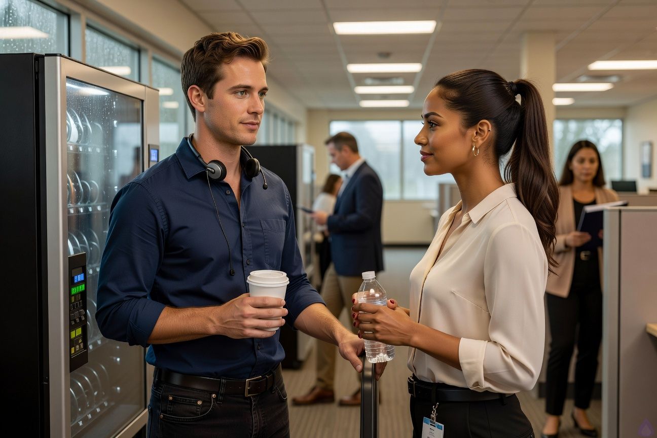 A PG-13 romantic workplace moment in a modern call center break room hallway during a rainy morning. Adam McKay, late 20s, fair warm peach skin, chestnut brown short neatly textured hair with a slight side part, hazel green-brown eyes, lean lightly athletic build, wearing a fitted navy button-down with rolled sleeves, dark slim jeans, worn brown shoes, stands near a vending machine holding a coffee. Danielle Young, late 20s, warm sienna brown skin, deep espresso brown sleek high ponytail, dark brown eyes, slender athletic build, symmetrical poised face with a subtle knowing smile, wears a soft cream blouse tucked into tailored black ankle trousers, slim black belt, low black heels, small gold hoop earrings, and a call center badge at her waist. They stand at professional distance but share an intimate, secret smile, body language restrained and charged. Fluorescent office lighting mixed with gray rainy window light, cubicles blurred in the background, a suspicious team lead figure partially visible down the hall. Mood: tender, restrained, hopeful, workplace romance tension in daylight.