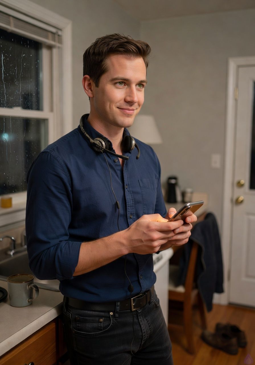 A romantic contemporary scene in a modest apartment kitchen at night after rain. Adam McKay, late 20s, fair warm peach skin, chestnut brown short neatly textured hair with slight side part, hazel green-brown eyes, lean lightly athletic build, wearing a fitted navy button-down shirt with sleeves rolled to the forearms, stands at a kitchen counter holding his phone after texting. He has faint under-eye tiredness and a subtle dimple as he smiles softly to himself. The room is quiet and ordinary, with a mug in the sink, a jacket over a chair, shoes by the door, and rain streaking down a dark window. The phone screen glows warmly in his hands, suggesting a tender message from Dani. Mood is intimate, restrained, hopeful, and grounded. Lighting is soft kitchen lamplight mixed with cool rainy window reflections. PG-13, no explicit content, emphasis on emotional warmth, patience, and anticipation.