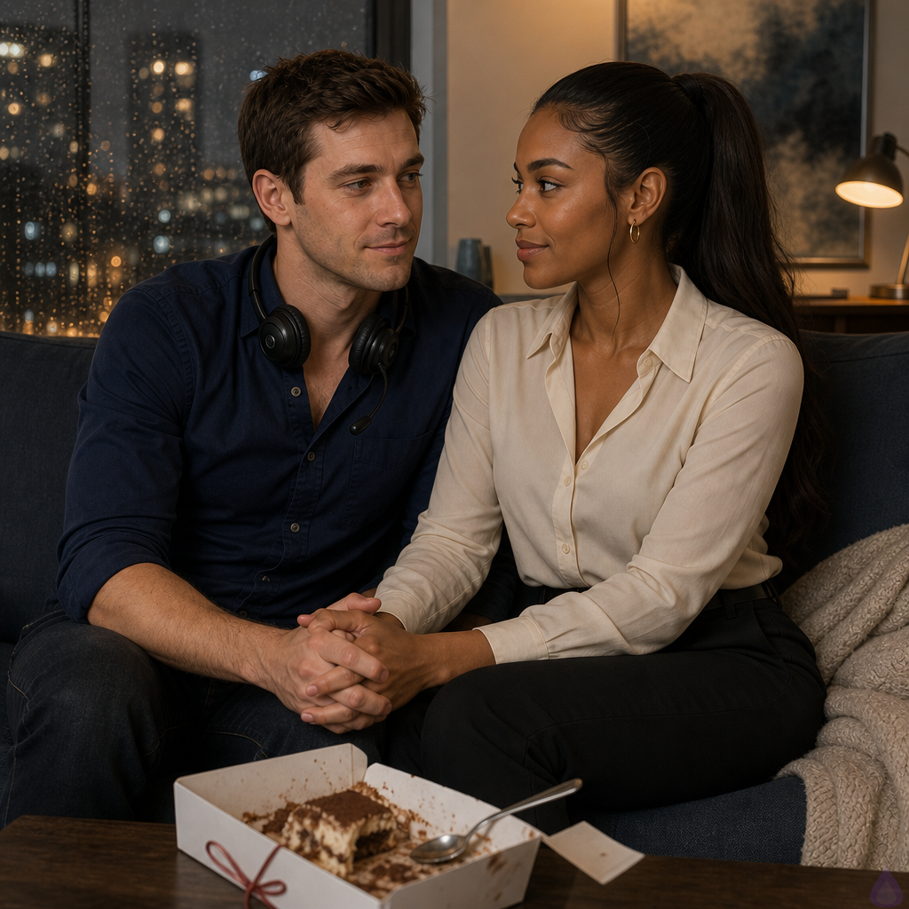 A PG-13 romantic scene in a cozy small apartment at night during rain. Adam McKay, late 20s, fair warm peach skin, short chestnut brown hair with slight side part, hazel green-brown eyes, lean lightly athletic build, wearing a fitted navy button-down with sleeves rolled and dark jeans, sits on a blue-gray couch beside Danielle Young. Danielle is late 20s, warm sienna brown skin, dark brown eyes, slender athletic build, deep espresso brown long sleek high ponytail slightly loosened, wearing a soft cream blouse and tailored black ankle trousers with small gold hoop earrings. They are sitting close, shoulders gently touching, hands clasped between them, looking at each other with tender restraint and romantic tension. A half-eaten tiramisu in a white pastry box with red string and two spoons sits on the coffee table like a humorous chaperone. Three small abstract paintings lean near a rain-streaked window: storm-blue with yellow, peach and plum tones, blue-gray with gold. Warm lamplight, soft shadows, rain-blurred city lights outside, intimate emotional atmosphere, cinematic composition, no nudity, no explicit content.