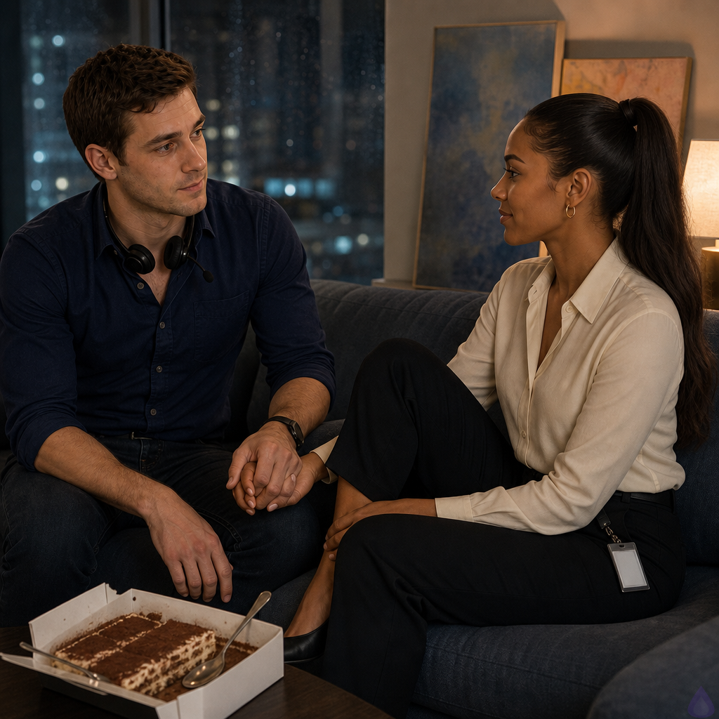 A PG-13 romantic apartment scene at night: Adam McKay and Danielle Young sitting close on a blue-gray couch in Dani’s small warm apartment, holding hands between them while a white pastry box of tiramisu with two spoons rests on the coffee table as a humorous centerpiece. Dani is a late-20s woman with warm sienna brown skin, dark brown eyes, long deep espresso brown sleek high ponytail, slender athletic build, wearing a soft cream blouse, tailored black ankle trousers, slim black belt, low black heels, small gold hoop earrings, and a clipped call center badge at her waist. Adam is a late-20s man with fair warm-peach skin, hazel green-brown eyes, short neatly textured chestnut brown hair with slight side part, lean lightly athletic build, faint under-eye tiredness, wearing a fitted navy button-down with rolled sleeves, dark slim jeans, black belt, worn brown shoes. The mood is tender and charged after a kiss, not kissing now, with soft lamplight, rain-silver city light through the window, three small abstract paintings leaning near the wall in storm blue, peach, and morning gold, a mug of paintbrushes on a side table, intimate but respectful body language, emotional vulnerability, cinematic warm lighting.