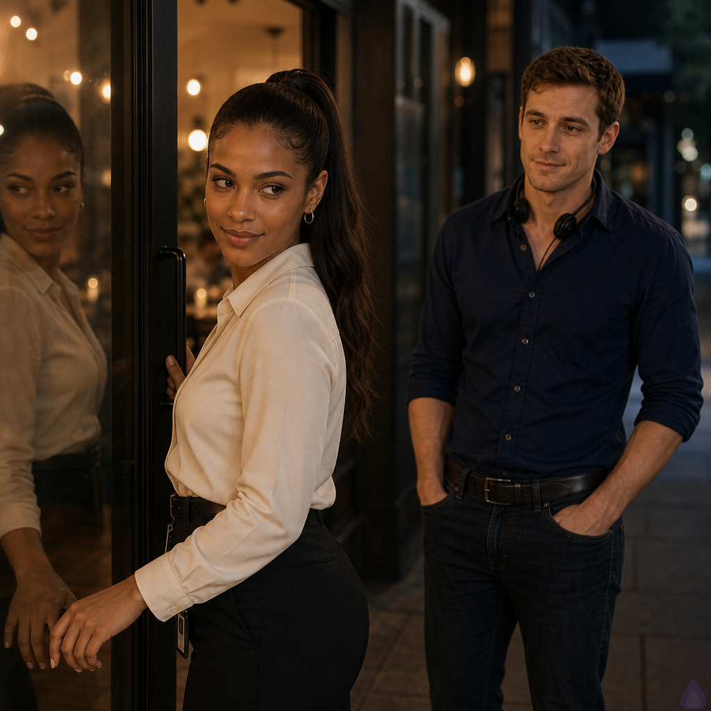 A PG-13 romantic nighttime scene outside a warmly lit Italian restaurant. Adam McKay, a late-20s man with chestnut brown short neatly textured hair, hazel green-brown eyes, fair warm peach skin, lean lightly athletic build, wearing a fitted navy button-down shirt with sleeves rolled to his forearms, dark slim jeans, worn brown shoes, stands on the sidewalk beside Danielle Young. Danielle is a late-20s woman with warm sienna brown skin, deep espresso brown long sleek high ponytail with smooth edges, dark brown eyes, slender athletic build, wearing a soft cream blouse tucked into tailored black ankle trousers, slim black belt, low black heels, small gold hoop earrings, and a badge clipped at her waist. The restaurant door is open behind them, spilling amber light, with visible candlelit tables, dark wood interior, and a cozy romantic mood. Dani is glancing back at Adam over her shoulder with a subtle knowing smile, hand on the restaurant door, while Adam looks nervous but hopeful, standing close but respectful. Streetlights, reflections in the restaurant window, cool evening air, warm golden glow, intimate romantic tension, cinematic composition.