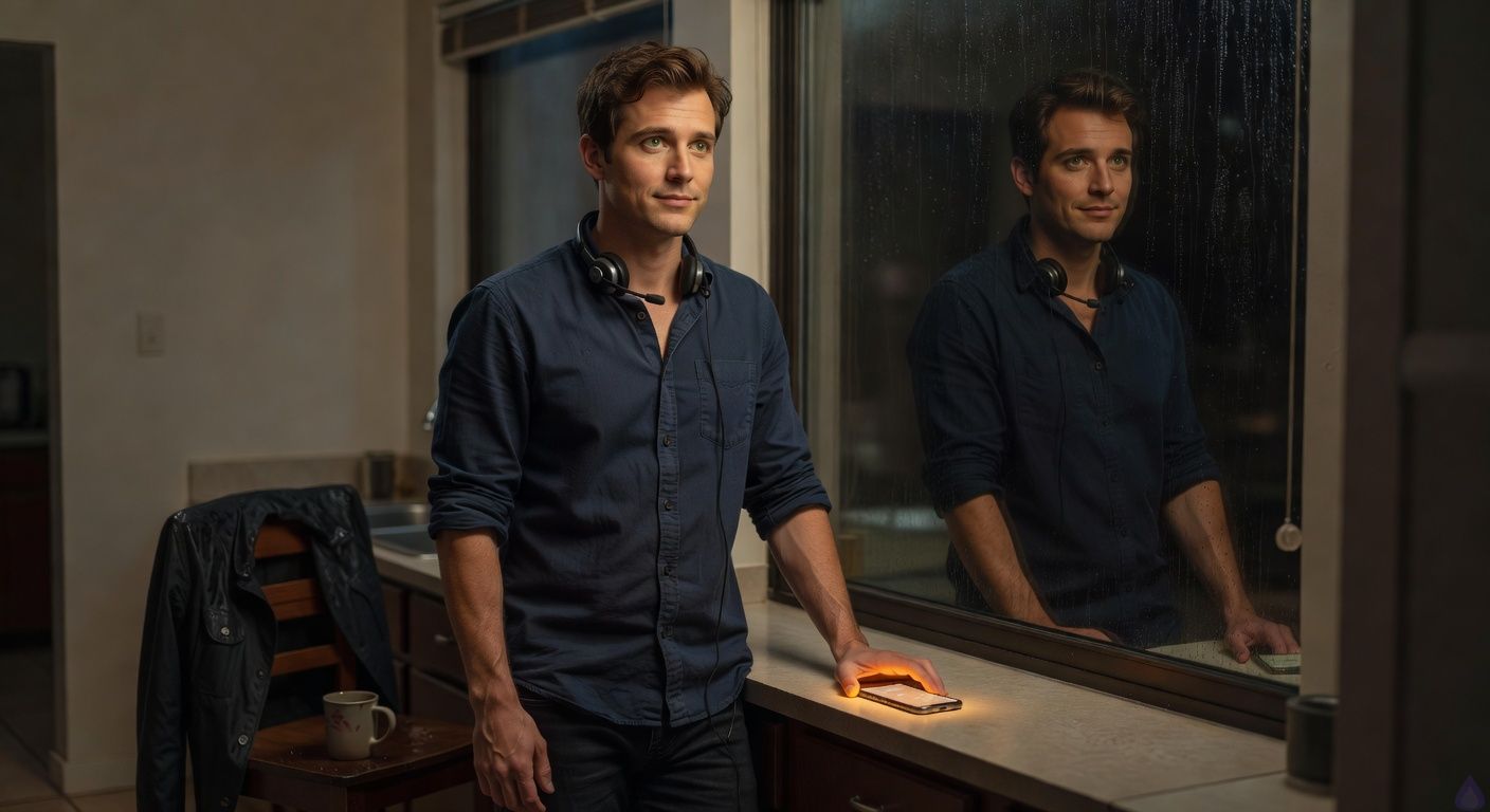 A PG-13 romantic quiet ending scene in a small apartment kitchen at night. Adam McKay, a lean late-20s man with fair warm-peach skin, short chestnut brown hair slightly mussed, hazel green-brown eyes, faint under-eye tiredness, wearing a wrinkled fitted navy button-down with sleeves rolled to his forearms, stands barefoot near a kitchen counter in dim warm light. His phone lies on the counter showing a simple goodnight text from Dani, while rain streaks the dark window behind him and his reflection is visible in the glass. A coffee mug sits in the sink, a damp jacket hangs over a chair, and the mood is tender, restrained, hopeful, and intimate without physical contact. Soft amber kitchen light contrasts with cool blue-gray rain outside, emphasizing quiet romance, patience, and emotional warmth.