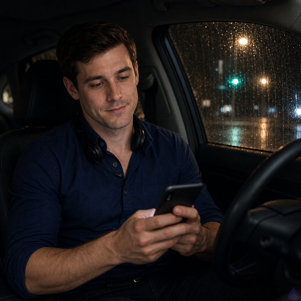 PG-13 romantic nighttime scene inside a parked car in the rain. Adam McKay, late 20s, fair warm peach skin, short chestnut brown neatly textured hair with a slight side part, hazel green-brown eyes, lean lightly athletic build, wearing a fitted navy button-down shirt with sleeves rolled to the forearms, sits alone in the driver’s seat after a date. He holds his phone in both hands, smiling softly with a subtle dimple in his left cheek as he reads a warm text from Danielle Young. Rain streaks down the windshield and side windows, city streetlights blur into amber and green reflections across the glass and dashboard. The passenger seat is empty but charged with memory, suggesting Dani was just there. Mood is tender, hopeful, restrained romance, cinematic low light, soft dashboard glow illuminating his face, intimate quiet after a meaningful goodbye kiss.