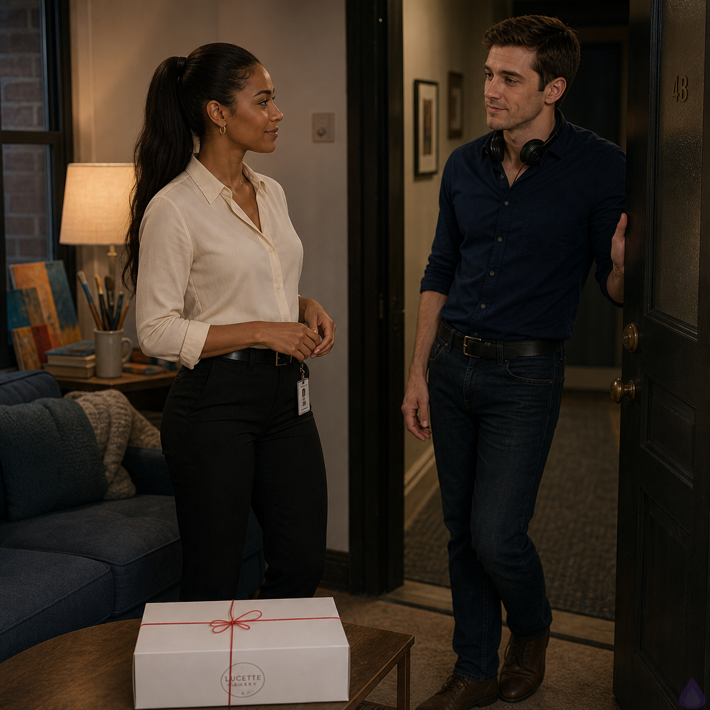 PG-13 romantic scene inside a cozy small apartment at night. Danielle Young, a late-20s woman with warm sienna brown skin, dark brown eyes, and a deep espresso brown sleek high ponytail, stands just inside her doorway wearing a soft cream blouse tucked into tailored black ankle trousers, slim black belt, low black heels, small gold hoop earrings, and a call center badge still clipped at her waist. Adam McKay, a late-20s man with chestnut brown short neatly textured hair, hazel green-brown eyes, fair warm peach undertone skin, lean build, and a navy button-down shirt with sleeves rolled to the forearms, stands at the threshold holding himself carefully, visibly nervous but warm. Between them and on the coffee table is a small white pastry box tied with red string, treated humorously like a chaperone. The apartment has a blue-gray couch, warm lamp light, books, paintbrushes in a mug, and small colorful canvases leaning near a window. Mood is intimate, respectful, playful, and charged with romantic possibility. No kissing yet, but strong eye contact and close body language. Cinematic warm lighting, realistic contemporary romance style.