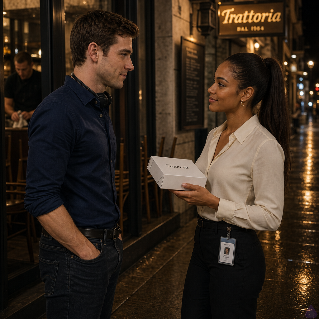 A PG-13 romantic nighttime scene outside a small Italian restaurant after closing, warm amber sign light glowing over the sidewalk. Adam McKay, late 20s, fair warm peach skin, chestnut short textured hair, hazel green-brown eyes, lean build, wearing a fitted navy button-down with sleeves rolled, stands facing Danielle Young. Danielle is late 20s, warm sienna brown skin, deep espresso long sleek high ponytail, dark brown eyes, slender athletic build, wearing a soft cream blouse tucked into tailored black ankle trousers, slim black belt, low black heels, small gold hoops. She holds a small white tiramisu box tied with red string between them like a playful barrier. They are close but not touching, smiling with charged romantic tension, body language careful and mutually respectful. Empty street, damp pavement reflecting restaurant lights, intimate date-night atmosphere, cinematic shallow depth of field, warm candlelit colors contrasting cool night shadows.