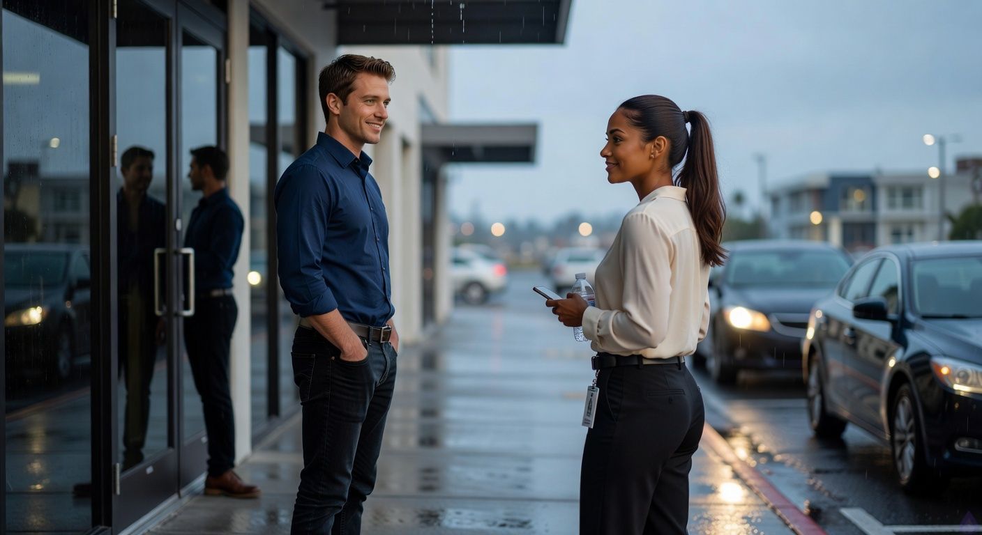 PG-13 romantic workplace scene outside a modern call center after rain at dusk. Adam McKay, late 20s, fair warm peach skin, chestnut brown short neatly textured hair with slight side part, hazel green-brown eyes, lean build, wearing a fitted navy button-down with sleeves rolled and dark slim jeans, stands under a covered walkway with hands in his jacket pockets. Danielle Young, late 20s, warm sienna brown skin, dark brown eyes, deep espresso brown sleek high ponytail, slender athletic build, wearing a soft cream blouse tucked into tailored black ankle trousers, slim black belt, low black heels, small gold hoop earrings, and a call center badge clipped at her waist, stands a few feet away holding a water bottle and phone. Wet pavement reflects parking-lot lights, thin rainwater drips from the awning, a rideshare car approaches in the background with headlights glowing. Their body language is restrained but intimate, professional distance with warm eye contact, quiet trust, romantic tension contained by mutual boundaries. Cinematic soft blue-gray evening light, amber reflections, realistic contemporary romance mood.
