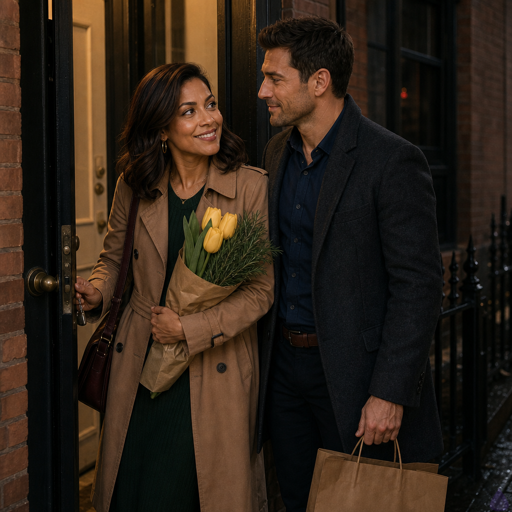 A romantic PG-13 evening scene outside an older brick apartment building after dinner. Adam, a mid-30s man with dark chestnut short hair, hazel green-brown eyes, warm beige skin, lean build, a small scar near his left eyebrow, wearing a charcoal wool overcoat over a soft gray button-down, stands on the sidewalk holding a restaurant takeout bag. Maria Alonzo, a petite graceful mid-30s woman with warm honey bronze skin, deep espresso brown shoulder-length waves tucked behind one ear, dark brown eyes with amber flecks, a beauty mark below her right cheekbone, gold hoop earrings, camel belted trench coat over an ivory blouse and deep forest skirt, holds pale yellow tulips and rosemary in one arm while turning a key in the building door. They face each other with warm, careful smiles, intimate but respectful, shoulders nearly touching. The mood is tender, hopeful, charged with restrained romance. Warm entryway light spills over wet-but-clear pavement, black railings, brick facade, and soft city lights in the background. No kiss, just a close quiet moment before stepping inside.