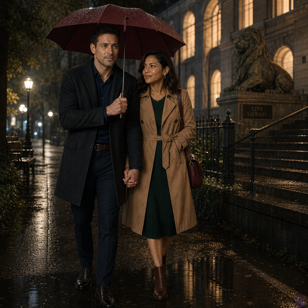 A romantic rainy evening scene in a small city library park. Adam, a mid-thirties man with short dark chestnut hair, hazel green-brown eyes, warm beige skin, a charcoal wool overcoat over a navy shirt, stands close beneath a burgundy umbrella with Maria Alonzo, a petite graceful mid-thirties woman with warm honey bronze skin, shoulder-length deep espresso brown waves tucked behind one ear, dark brown eyes with amber flecks, gold hoop earrings, a camel belted trench coat over a forest-green knit dress, ankle boots, and delicate gold jewelry. They are holding hands deliberately beneath the umbrella, standing near glowing library windows and wet stone steps, with rain mist around golden park lamps. Their expressions are tender, vulnerable, and hopeful after an honest conversation. The mood is intimate but PG-13, cinematic, soft warm lamplight reflecting on wet pavement, rain beads on leaves, quiet city background.