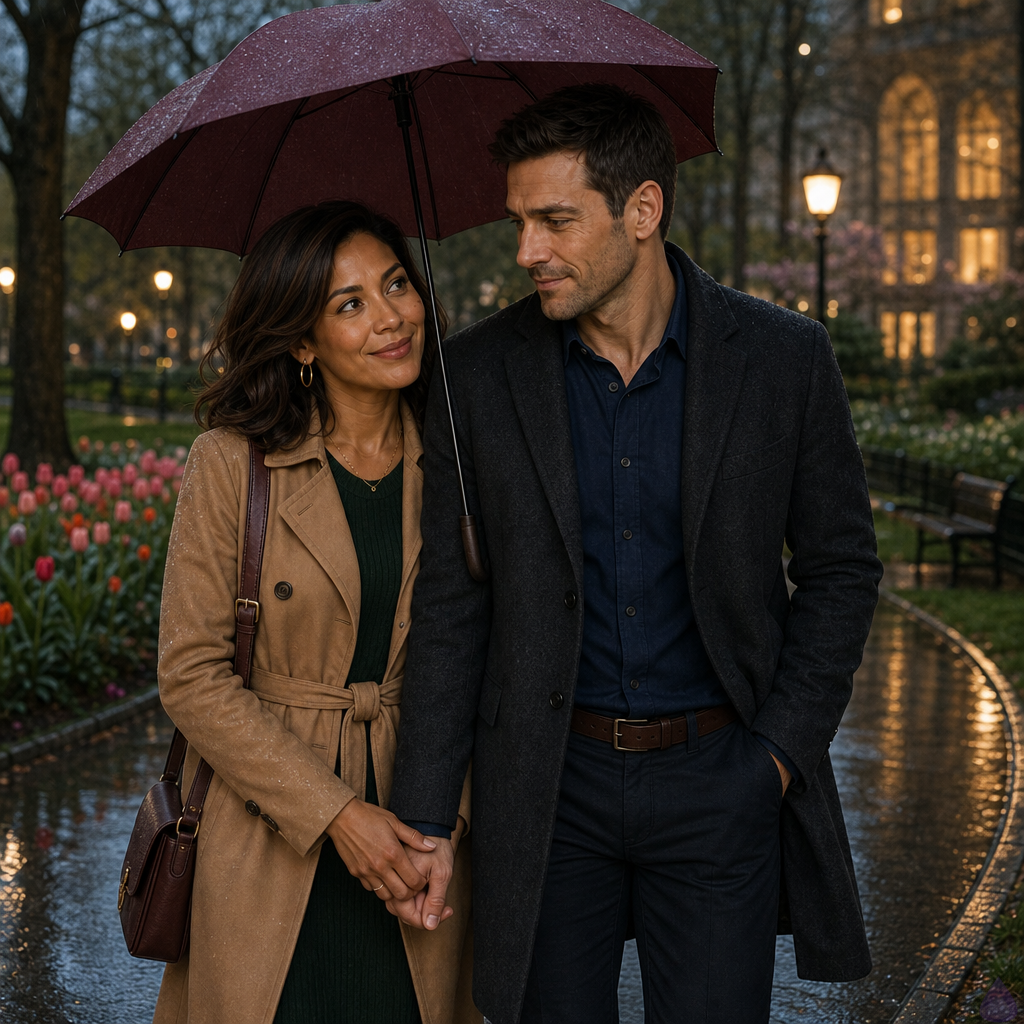A romantic rainy evening scene in a small city library park. Adam, a mid-30s man with dark chestnut short textured hair, hazel green-brown eyes, warm beige skin, lean build, wearing a charcoal wool overcoat over a navy button-down and dark trousers, walks closely beside Maria Alonzo, a petite graceful mid-30s woman with warm honey bronze skin, deep espresso brown shoulder-length soft waves tucked behind one ear, dark brown eyes with amber flecks, a beauty mark below her right cheekbone, gold hoop earrings, a camel belted trench coat over a forest-green knit dress, ankle boots, delicate gold jewelry, and a burgundy satchel. They stand under a small burgundy umbrella, holding hands warmly, shoulders touching, smiling with tender nervous intimacy. Wet park path, glowing library windows, golden lamplight, rain-damp trees, reflections on pavement, misty city atmosphere, PG-13 romantic tension, cinematic soft lighting, realistic modern romance.