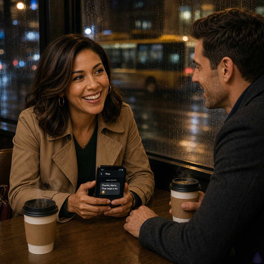 A warm, rain-lit coffee shop at night with large windows streaked by silver rain and blurred city lights outside. Adam, a mid-30s man with short dark chestnut hair, hazel green-brown eyes, warm beige skin, a charcoal wool overcoat over a navy shirt, sits at a small table near the window, smiling with vulnerable amusement. Maria Alonzo, a petite graceful mid-30s woman with warm honey bronze skin, shoulder-length espresso brown soft waves tucked behind one ear, dark brown eyes with amber flecks, a beauty mark below her right cheekbone, gold hoop earrings, camel belted trench coat over a forest-green knit dress, sits across from him holding his phone after sending a teasing text. Their hands rest close together near the phone on the table, not touching, with two coffee cups between them. Mood is romantic, tender, playful, emotionally charged. Soft golden café lighting, cozy atmosphere, steam rising from cups, body language leaning in with renewed connection.