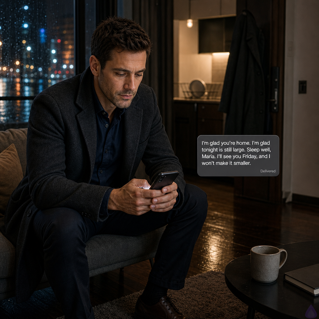 A PG-13 cinematic romance scene in a quiet modern apartment at night after rain. Adam, a lean mid-30s man with short dark chestnut brown hair, hazel green-brown eyes, warm beige skin, a small scar near his left eyebrow, and subtle smile lines, sits on the edge of a sofa in a dim living room. He wears a navy button-down shirt with damp dark slim-fit trousers, his charcoal wool overcoat hanging by the door. He holds a glowing phone in both hands and smiles softly with relief, reading a warm goodnight message from Maria. Rain-washed city lights blur through the window behind him, reflecting amber and blue across the floorboards. The mood is intimate, restrained, hopeful, and quiet, with evidence of the evening’s romance in his posture and expression rather than physical contact. No explicit content, no nudity.