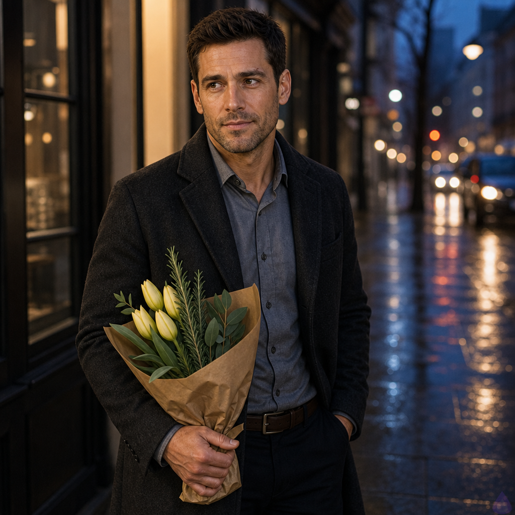 A romantic contemporary city evening scene in a realistic style. Adam, a mid-30s man with short dark chestnut hair, hazel green-brown eyes, warm beige skin, a small scar near his left eyebrow, lean build, wearing a charcoal wool overcoat over a soft gray button-down and dark trousers, stands on a rain-washed sidewalk at dusk holding a small brown-paper-wrapped bundle of pale yellow tulips, rosemary, and greenery. The pavement reflects soft blue and amber city lights after rain. He looks thoughtful, nervous, and hopeful, not posed, with one hand gently holding the flowers and the other near his coat pocket. In the background, a cozy restaurant entrance glows warmly, suggesting Maria is inside or about to arrive. Mood: tender anticipation, mature romance, quiet vulnerability. PG-13, no explicit content.