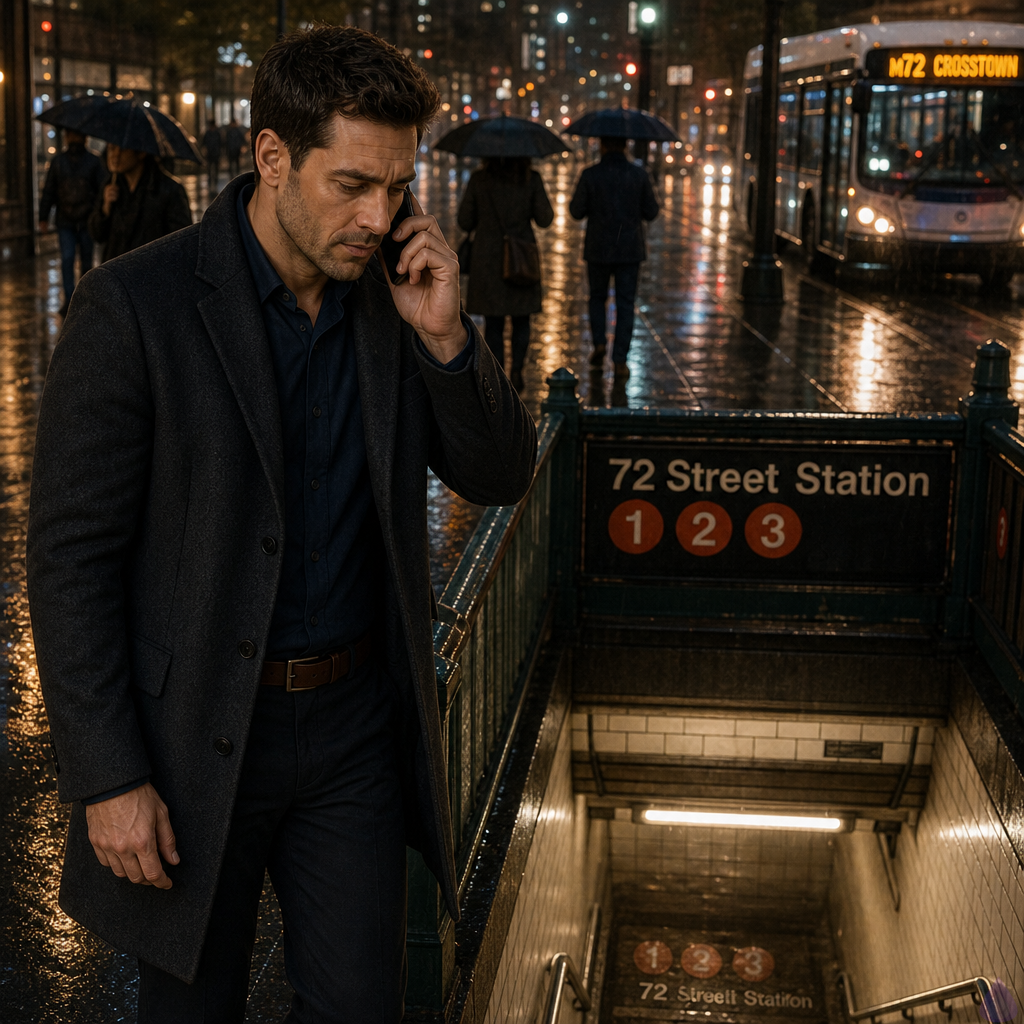 A romantic rainy city night outside a subway or train station entrance. Adam, a mid-30s man with dark chestnut short hair, hazel green-brown eyes, warm beige skin, lean build, wearing a charcoal wool overcoat over a navy button-down and dark trousers, stands at the top of glowing tiled station stairs holding a phone to his ear. He looks vulnerable and quietly hopeful, one hand half-curled as if remembering Maria's touch. The wet sidewalk reflects station lights, passing umbrellas, and gold traffic streaks. The mood is intimate, cinematic, PG-13, with misty rain, soft urban lighting, emotional tension, and a sense of a just-ended goodbye being extended by a phone call. Maria is not physically present, but her absence is felt through the glowing station entrance below.