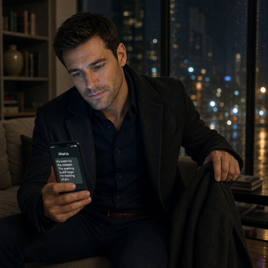 A thoughtful man in his mid-thirties with dark chestnut hair, hazel green-brown eyes, warm beige skin, and a charcoal wool overcoat removed and hanging nearby sits alone on the edge of a neat apartment sofa at night, holding a glowing phone in both hands. The apartment is dim, lit by blurred amber and blue city lights through rain-streaked windows. His expression is tender, vulnerable, and quietly overwhelmed as he reads a message from Maria. The room is orderly with bookshelves, stacked mail, and a calm urban atmosphere, but emotionally charged, as if the quiet space has just changed meaning. Rain beads on the window, soft reflections on the floor, cinematic romantic drama mood, PG-13, no explicit content.