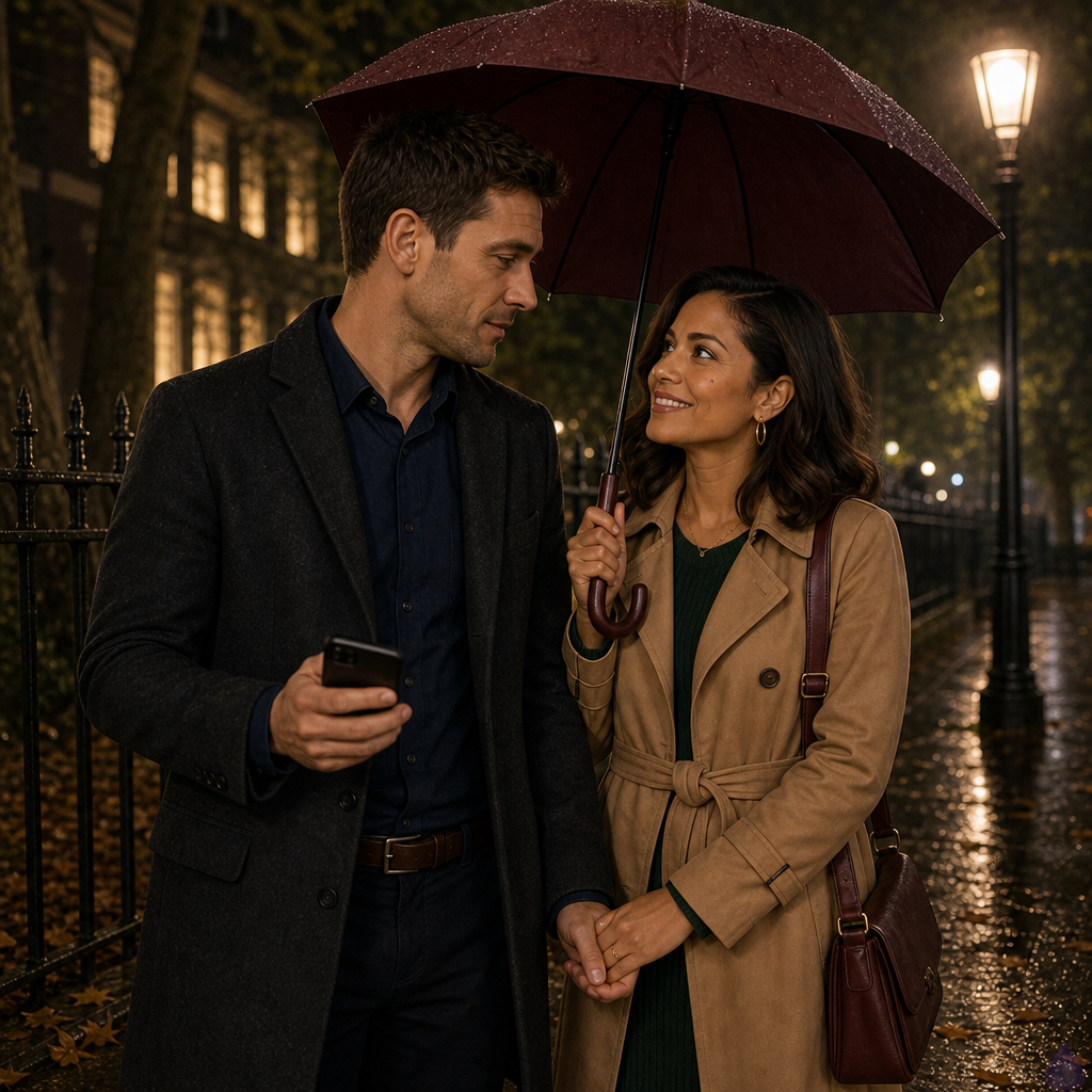A romantic rainy evening scene in a small city library park. Adam, a mid-thirties man with dark chestnut short textured hair, hazel green-brown eyes, warm beige skin, lean build, wearing a charcoal wool overcoat over a navy button-down and dark trousers, stands close beneath a burgundy umbrella with Maria Alonzo, a petite graceful mid-thirties woman with warm honey bronze skin, deep espresso brown shoulder-length soft waves tucked behind one ear, dark brown eyes with amber flecks, gold hoop earrings, a beauty mark below her right cheekbone, wearing a camel belted trench coat over a forest-green knit dress with delicate gold jewelry and ankle boots. They are holding hands on a wet park path near glowing library windows, rain-damp trees, golden lamplight, slick leaves, and an iron fence. Maria looks up at Adam with a slow, brightening smile, thoughtful and vulnerable, while Adam looks back with tender nervous hope. The mood is intimate, PG-13, emotionally charged, cinematic, warm lamplight reflected on wet pavement, soft mist and rain, no explicit content.
