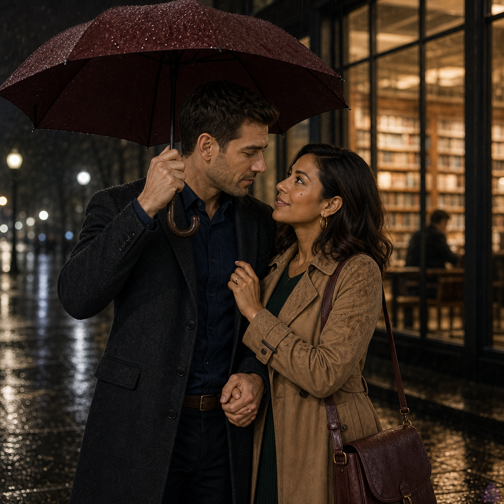 A romantic rainy evening in a small city library park. Adam, a mid-30s man with short dark chestnut hair, hazel green-brown eyes, warm beige skin, a charcoal wool overcoat over a navy button-down, stands very close beneath a burgundy umbrella with Maria Alonzo, a petite graceful mid-30s woman with warm honey bronze skin, deep espresso brown shoulder-length soft waves tucked behind one ear, dark brown eyes with amber flecks, gold hoop earrings, a beauty mark below her right cheekbone, and a camel belted trench coat over a forest-green knit dress. They are holding hands, Maria’s other hand lightly touches Adam’s overcoat lapel, and Adam steadies the umbrella above them. Wet library windows glow warmly behind them, rain-dark trees and slick stone paths reflect golden lamplight, mist hangs in the air. Their body language is intimate, tender, cautious, and hopeful, PG-13 romance, cinematic lighting, realistic contemporary style.