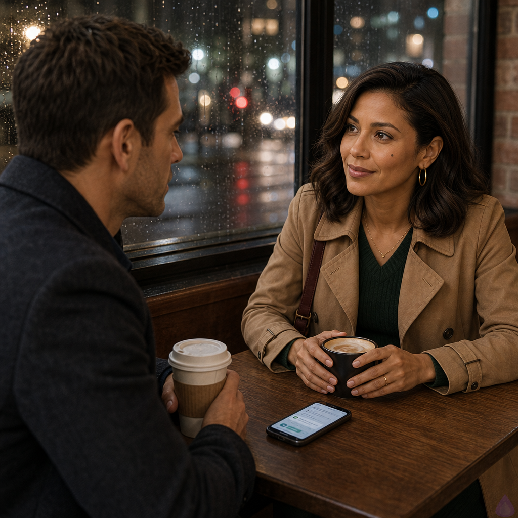 A warm, rain-soaked urban coffee shop in the evening, viewed through golden café lighting and rain-streaked windows. Adam, a mid-30s man with short dark chestnut hair, hazel green-brown eyes, warm beige skin, a small scar near his left eyebrow, wearing a charcoal wool overcoat over a navy button-down shirt, stands near a small café table with a latte. Maria Alonzo, a petite graceful mid-30s woman with warm honey bronze skin, shoulder-length deep espresso brown soft waves tucked behind one ear, dark brown eyes with amber flecks, a beauty mark below her right cheekbone, gold hoop earrings, a camel belted trench coat over a forest-green knit dress, ankle boots, and a burgundy leather satchel, stands across from him holding a cappuccino. Her fingertips rest on the table close to his hand, not touching yet, creating visible romantic tension. A phone lies lit on the table with an unread message glow, while rain blurs city lights outside. Mood is intimate, nostalgic, emotionally charged, PG-13 romantic tension, realistic contemporary romance, cinematic composition.
