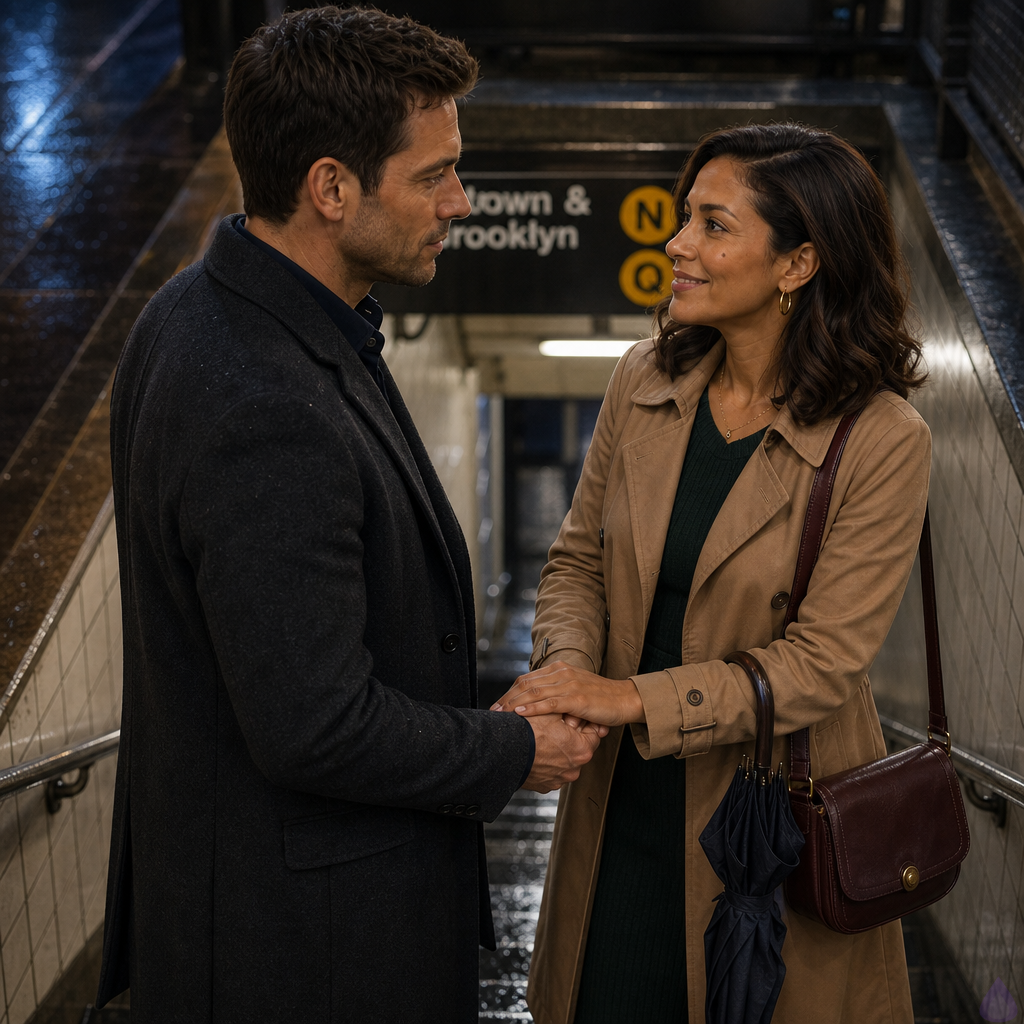 A romantic rainy city evening at the entrance to an underground train station. Adam, a mid-30s man with short dark chestnut hair, hazel green-brown eyes, warm beige skin, a charcoal wool overcoat over a navy shirt, stands at the top of wet station stairs holding hands with Maria Alonzo. Maria is a petite mid-30s woman with warm honey bronze skin, deep espresso brown shoulder-length soft waves tucked behind one ear, dark brown eyes with amber flecks, a beauty mark below her right cheekbone, gold hoop earrings, a camel belted trench coat over a forest-green knit dress, ankle boots, and a burgundy leather satchel. The rain has just stopped, pavement shines with reflections, metal railings glisten, city lights and station tiles cast warm and cool mixed light. Maria has one free hand placed gently over their joined hands, smiling softly before descending. Adam looks tender and restrained, full of longing and hope. PG-13, cinematic romance, emotional body language, realistic urban setting, soft misty atmosphere.