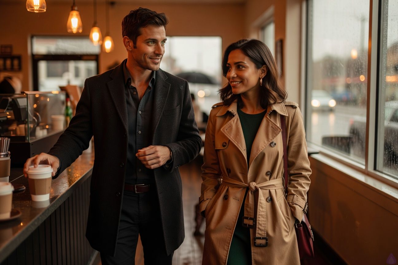 A warm, cinematic coffee shop on a rainy evening, golden pendant lights reflecting in rain-streaked windows. Adam, a mid-thirties man with warm beige skin, hazel green-brown eyes, dark chestnut short textured hair, a small scar near his left eyebrow, and a charcoal wool overcoat over a navy button-down, stands near the pickup counter holding a latte cup with a cardboard sleeve. Across from him is Maria Alonzo, a petite graceful mid-thirties woman with warm honey bronze skin, deep espresso-brown shoulder-length soft waves tucked behind one ear, dark brown eyes with amber flecks, a beauty mark below her right cheekbone, gold hoop earrings, a camel belted trench coat over a forest-green knit dress, ankle boots, and a burgundy leather satchel. They are looking at each other in stunned recognition, body language hesitant but drawn together, with soft romantic tension and the busy café blurred around them. PG-13, emotional, realistic romance, no explicit content.