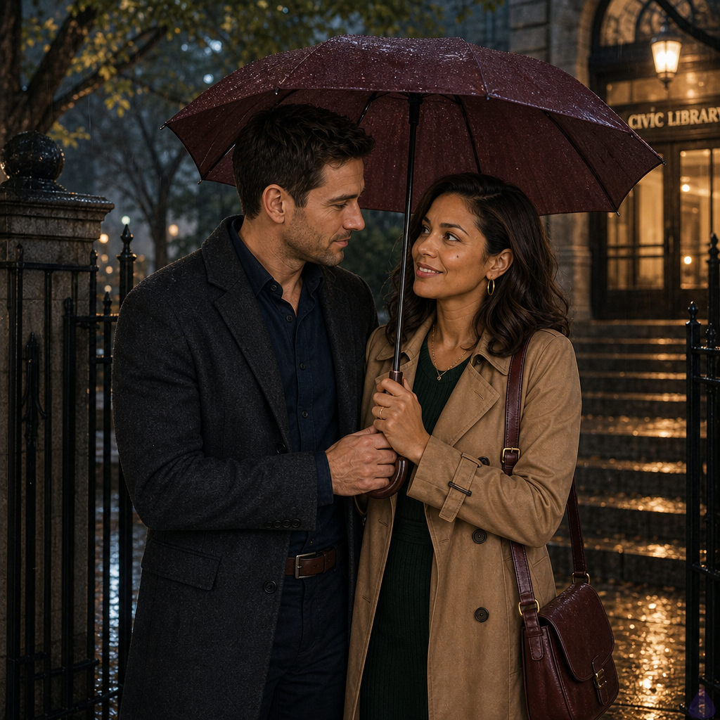 A romantic rainy evening scene outside a small civic library park in a modern city. Adam, a mid-30s man with dark chestnut short tousled hair, hazel green-brown eyes, warm beige skin, lean build, wearing a charcoal wool overcoat over a navy button-down, stands close beneath a burgundy umbrella with Maria Alonzo, a petite graceful mid-30s woman with warm honey bronze skin, deep espresso brown shoulder-length soft waves tucked behind one ear, dark brown eyes with amber flecks, a beauty mark below her right cheekbone, gold hoop earrings, camel belted trench coat over a forest-green knit dress, ankle boots, and delicate gold jewelry. They stand at the open gate of a quiet rain-slick park beside stone library steps, golden lamplight reflecting in puddles, wet tree branches overhead. Their hands are very close on the umbrella handle, almost touching, faces turned toward each other with tender nervous hope and romantic tension. Mood intimate, cinematic, PG-13, soft rain, warm café glow fading behind them, city lights blurred in the background.