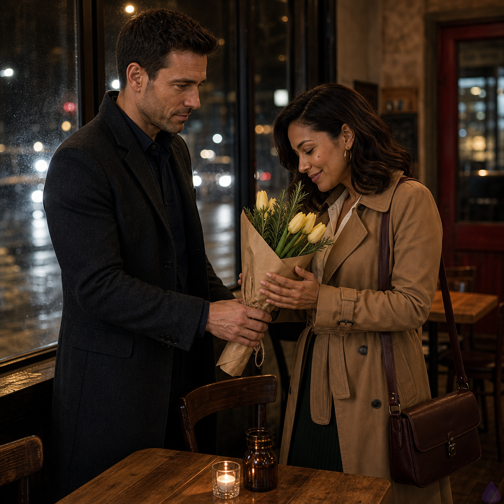 A warm, cinematic PG-13 restaurant scene on a Friday evening. Adam, a lean mid-30s man with short dark chestnut hair, hazel green-brown eyes, warm beige skin, a small scar near his left eyebrow, wearing a charcoal wool overcoat over a soft gray button-down shirt, stands beside a small window table holding out a modest bouquet of pale yellow tulips, rosemary, and deep green leaves wrapped in brown paper and twine. Maria Alonzo, a petite graceful mid-30s woman with warm honey bronze skin, shoulder-length deep espresso brown soft waves tucked behind one ear, dark brown eyes with amber flecks, gold hoop earrings, a beauty mark below her right cheekbone, wearing a camel belted trench coat over an ivory blouse and deep forest skirt, accepts the flowers with a slow brightening smile. The restaurant has amber lighting, fogged windows, mismatched wooden chairs, close tables, candle glow, and reflections of city headlights outside. Mood is tender, hopeful, restrained romantic tension, patient warmth, body language open and careful.