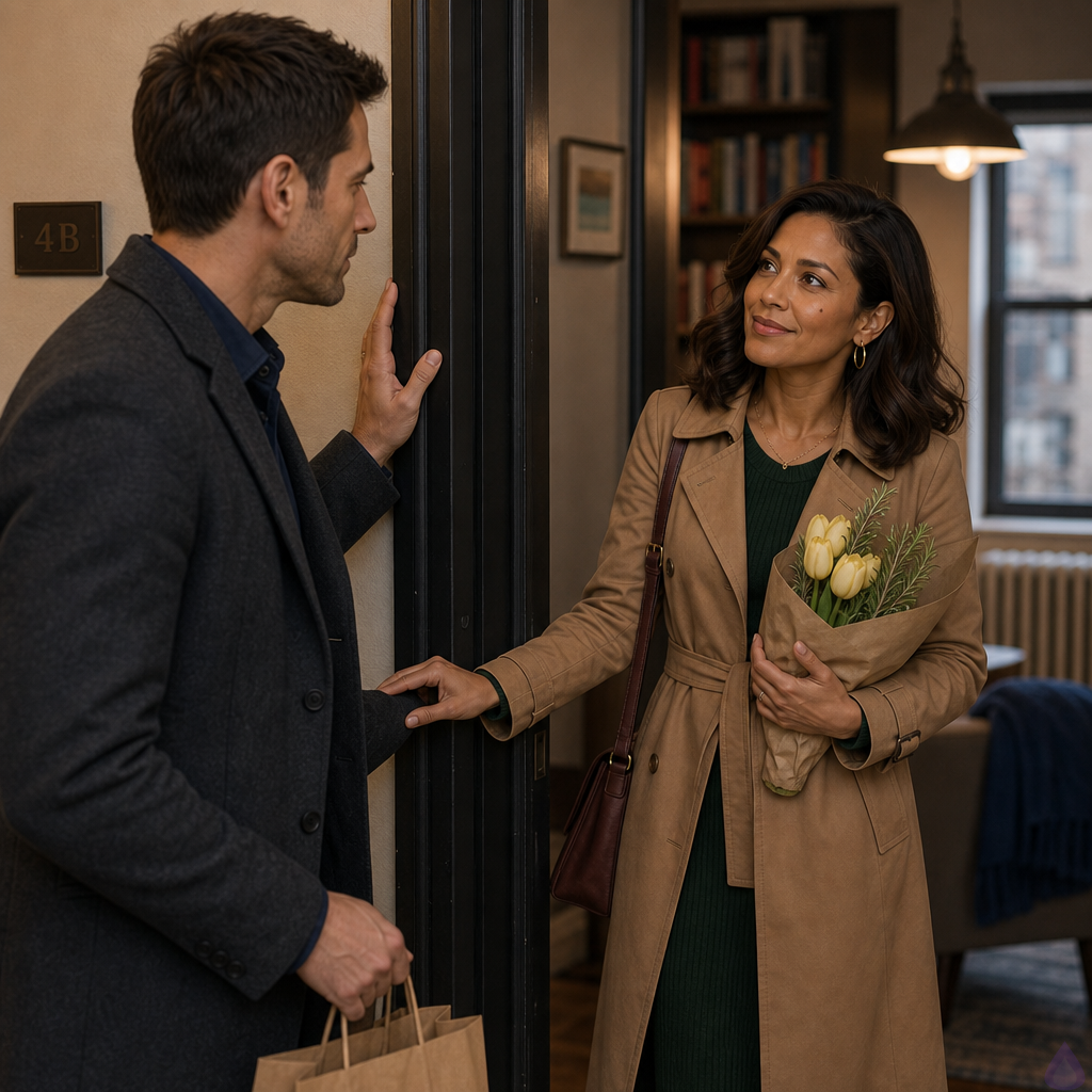PG-13 romantic scene in a warm apartment doorway at night. Adam, a lean mid-30s man with short dark chestnut hair, hazel green-brown eyes, warm beige skin, a small scar near his left eyebrow, wearing a charcoal wool overcoat over a soft gray shirt, stands just outside Maria's open apartment door holding a takeout bag. Maria Alonzo, a petite graceful mid-30s woman with warm honey-bronze skin, shoulder-length deep espresso brown soft waves tucked behind one ear, dark brown eyes with amber flecks, a beauty mark below her right cheekbone, gold hoop earrings, camel belted trench coat over an ivory blouse and deep forest-green skirt, stands in the doorway holding pale yellow tulips and rosemary against her chest. The door is open behind her, revealing a cozy small apartment with overfull bookshelves, warm pendant light, blue throw on a sofa, and an old radiator under the window. Mood is tender, emotional, intimate but not explicit, a quiet threshold moment after a first date. Warm hallway light and apartment light meet between them. Their body language shows vulnerability and trust, Maria inviting him in, Adam careful and moved.
