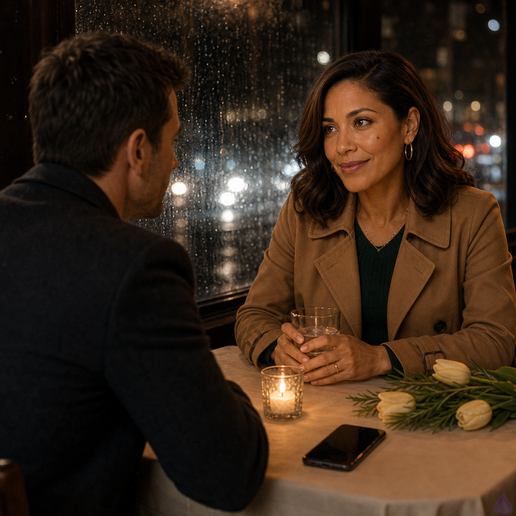 A warm, intimate PG-13 restaurant date scene at night. Adam, a lean mid-30s man with short dark chestnut hair, hazel green-brown eyes, warm beige skin, a small scar near his left eyebrow, wearing a charcoal overcoat over a soft gray button-down, sits at a small candlelit table by a rain-streaked window. Across from him is Maria Alonzo, a petite graceful mid-30s woman with warm honey bronze skin, deep espresso brown shoulder-length soft waves tucked behind one ear, dark brown eyes with amber flecks, a beauty mark below her right cheekbone, gold hoop earrings, a camel belted trench over an ivory blouse and deep forest skirt. Pale yellow tulips and rosemary wrapped in brown paper rest on the table beside her water glass. Adam’s phone lies facedown between them, symbolizing do not disturb. Both lean slightly toward each other with soft smiles and visible emotional warmth, hands resting near each other but not touching. The restaurant has amber lighting, candles, wine bottles, rustic tables, terrible mismatched wooden chairs, blurred diners in the background, and golden reflections on the window from passing headlights. Mood: tender, patient, romantic, quietly hopeful.