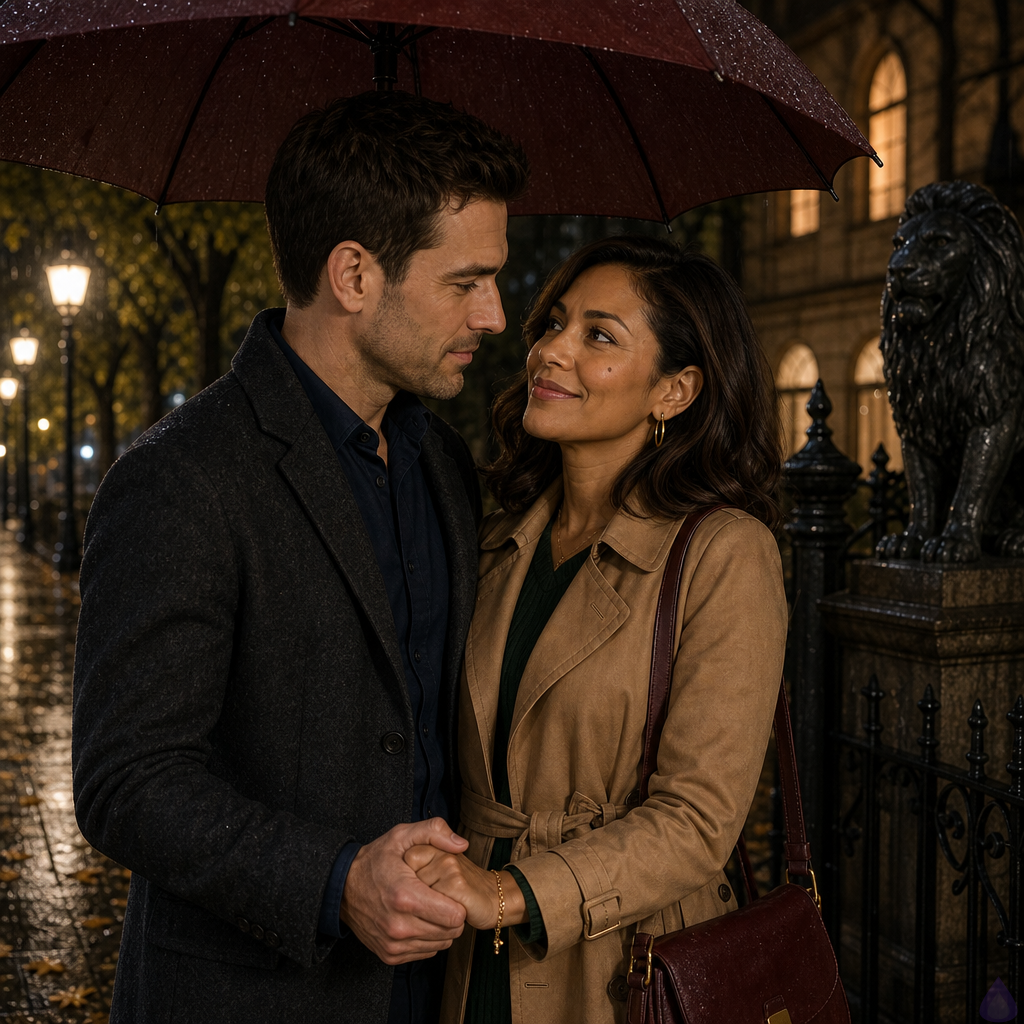 A romantic rainy evening scene in a small city park beside a civic library. Adam, a mid-30s man with dark chestnut short tapered hair, hazel green-brown eyes, warm beige skin, a lean build, a small scar near his left eyebrow, wearing a charcoal wool overcoat over a navy button-down and dark trousers, stands close beneath a burgundy umbrella with Maria Alonzo. Maria is a petite graceful mid-30s woman with warm honey bronze skin, deep espresso brown shoulder-length soft waves tucked behind one ear, dark brown eyes with amber flecks, a beauty mark below her right cheekbone, gold hoop earrings, a camel belted trench over a forest-green knit dress, ankle boots, a burgundy leather satchel, and delicate gold jewelry. They are holding hands in the golden lamplight, shoulders touching under the umbrella, smiling with tender nervous hope. Rain glistens on the path, wet leaves shine underfoot, library windows glow warmly behind them, and the mood is intimate, cinematic, PG-13 romantic tension, no kiss yet, just direct handholding and close body language.