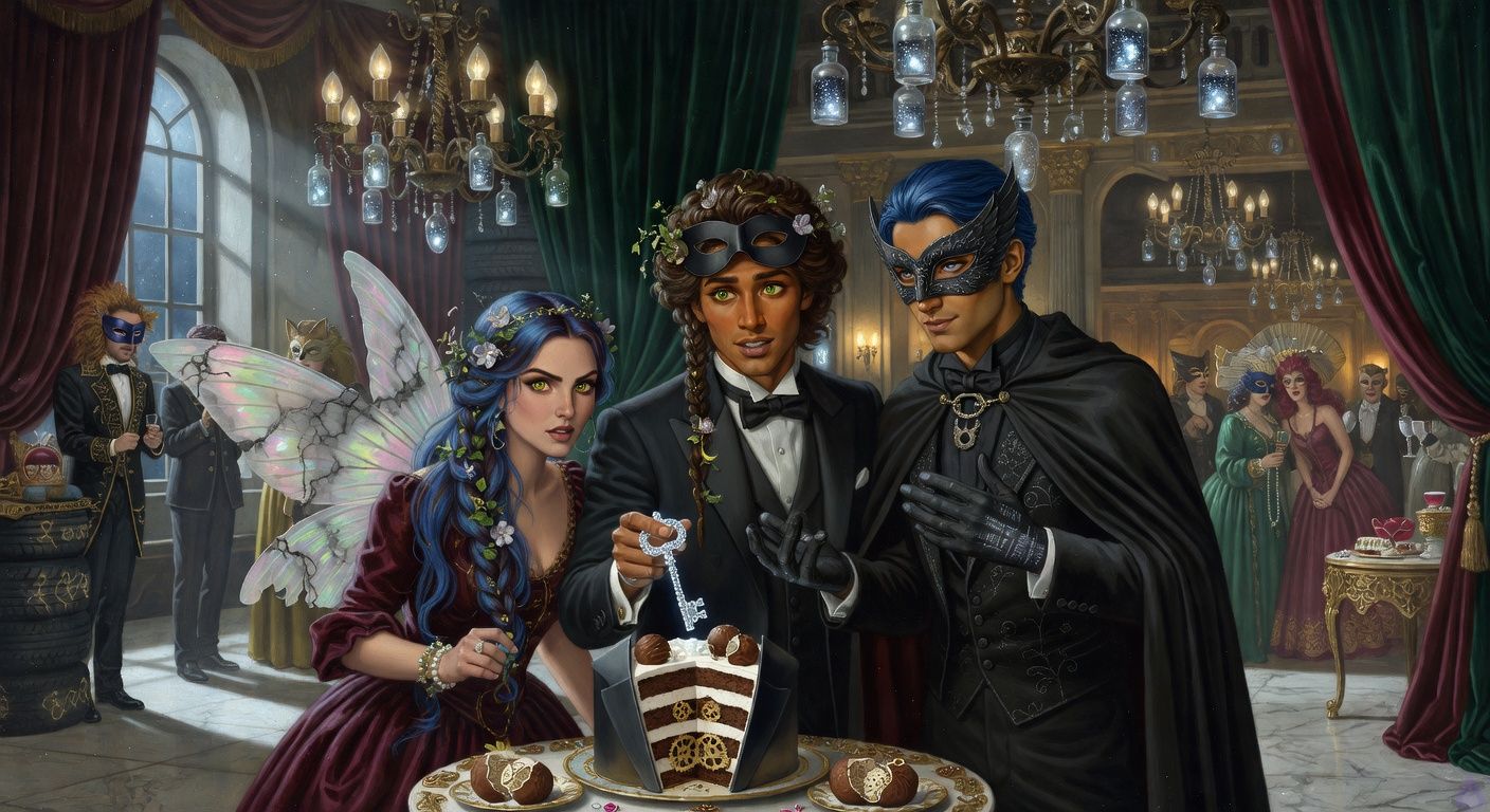 Cinematic romantasy masquerade ballroom behind a magical warehouse tire center, moonlit chandeliers filled with bottled starlight, masked guests frozen in shock around an extravagant dessert table. Kirk Singer in a formal suit and black domino mask holds a glowing sugar-and-silver key taken from a split Kirkland Signature tuxedo mousse cake. Beside him stands The Watcher in an elegant dark outfit and raven mask, wounded hand glowing with barcode-like silver light, body angled protectively toward Kirk with intense romantic tension. The Butterfly Woman hovers nearby with iridescent wings partly marked by gray curse lines, defiant and worried. The cake is hollow like a vault, chocolate and white mousse layers gleaming, truffles cracked open with tiny gears inside. Mood is magical, urgent, satirical, intimate, dramatic lighting, silver-blue moonlight and warm ballroom gold, tasteful sensual gaze and intertwined emotional body language, no explicit content.