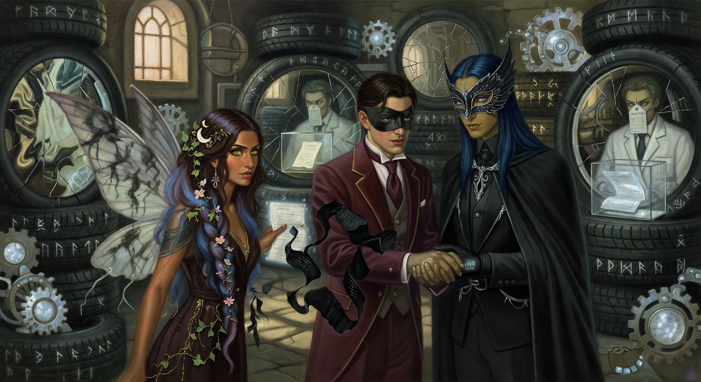 Cinematic romantasy scene inside an underground tire center crypt beneath a masquerade, moonstone machinery glowing silver-blue, walls lined with rune-carved black tires transformed into cracked mirrors. Kirk Singer in a formal suit and black domino mask grips a writhing strip of black cursed receipt paper, determined and slightly comedic. Beside him, The Watcher in an elegant dark outfit and raven mask holds his hand with intense, restrained romantic tension, barcode mark glowing on their bare palm. The Butterfly Woman with iridescent wings streaked by gray curse marks braces herself near a luminous contract, fierce and witty despite pain. In the mirrors appears a mysterious Auditor in a white accounting coat and porcelain price-tag mask guarding a glass case with a folded Silver Receipt. Moody moonlight, dramatic shadows, tasteful emotional intimacy, magical satire atmosphere, no explicit content.