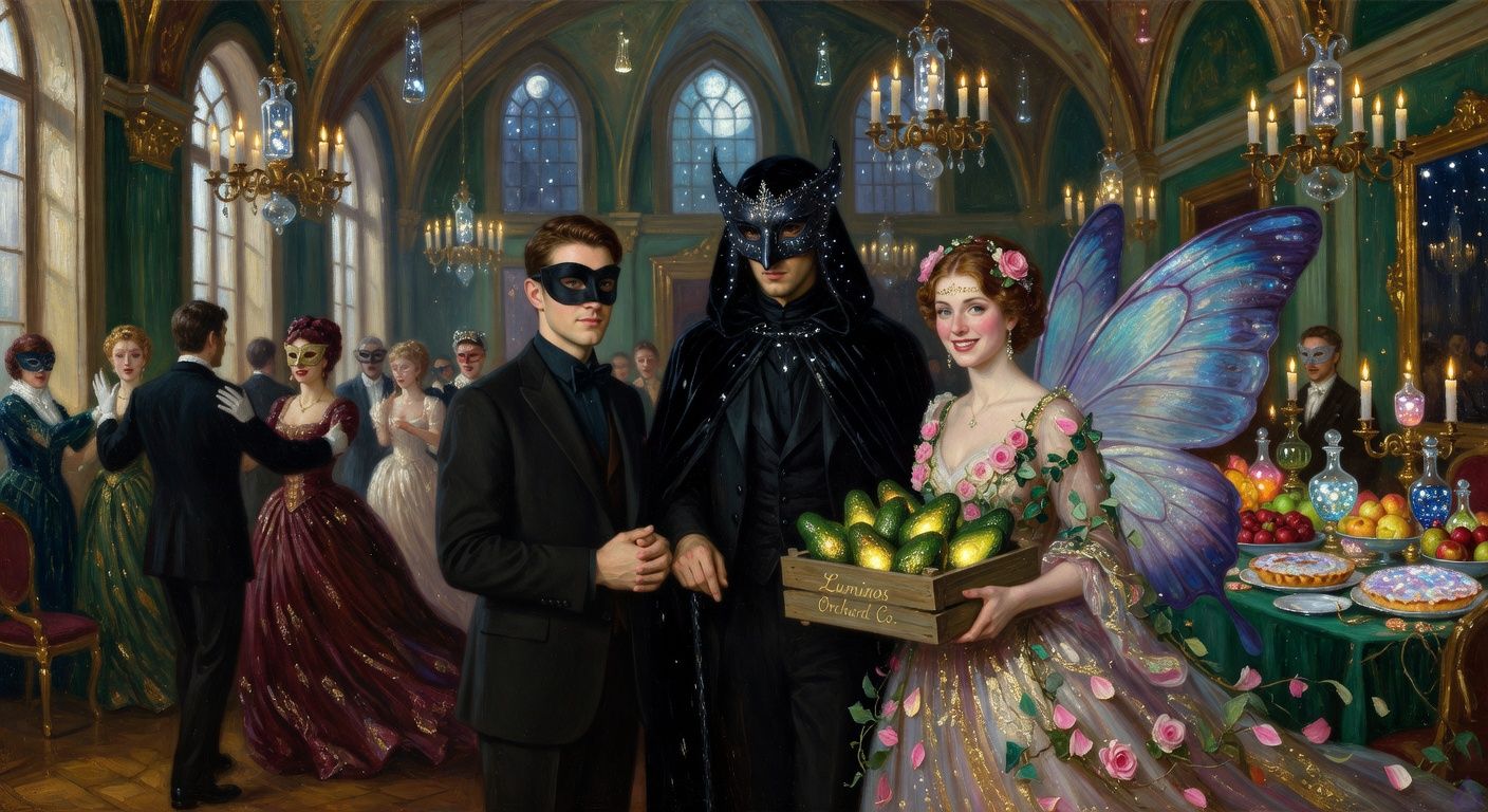 Cinematic romantasy masquerade ballroom inside an impossible moonlit manor, glowing chandeliers filled with bottled starlight, masked dancers paused in alarm, lavish banquet of enchanted bulk delicacies along one wall. In the foreground, Kirk Singer, a sincere modern man in a tasteful black domino mask and formal suit, stands between The Watcher, an elegant mysterious figure in a dark raven-like mask with a sensual unreadable gaze, and The Butterfly Woman, a sharp-witted woman with iridescent wings holding a crate of glowing avocados stamped with a fictional house-brand style mark. Mood is whimsical, romantic, and suspenseful, silver-blue moonlight mixing with warm gold candlelight, body language tense but intimate, like a magical bargain about to begin.